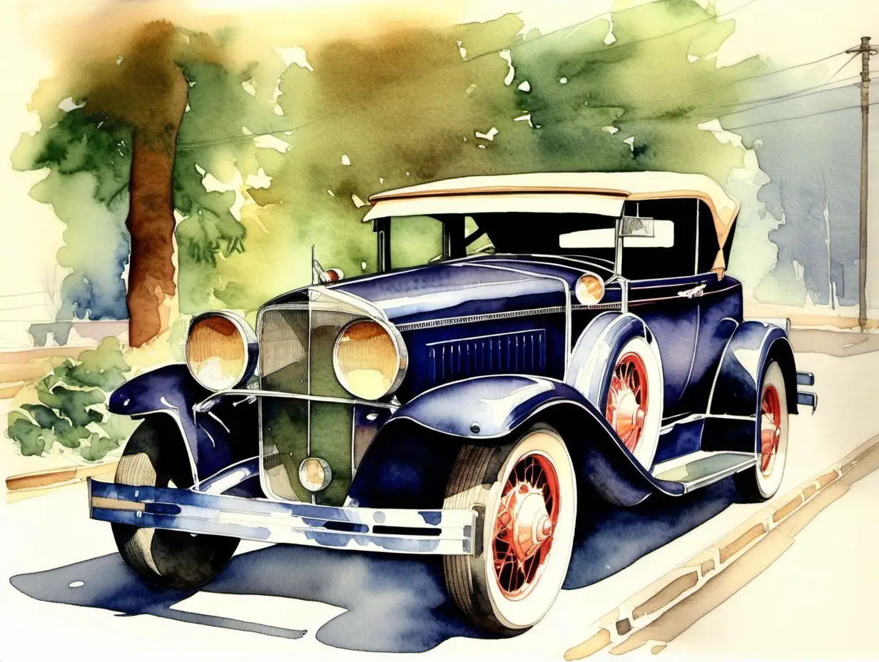 Vintage 1930 Car in Tranquil Watercolor Scene