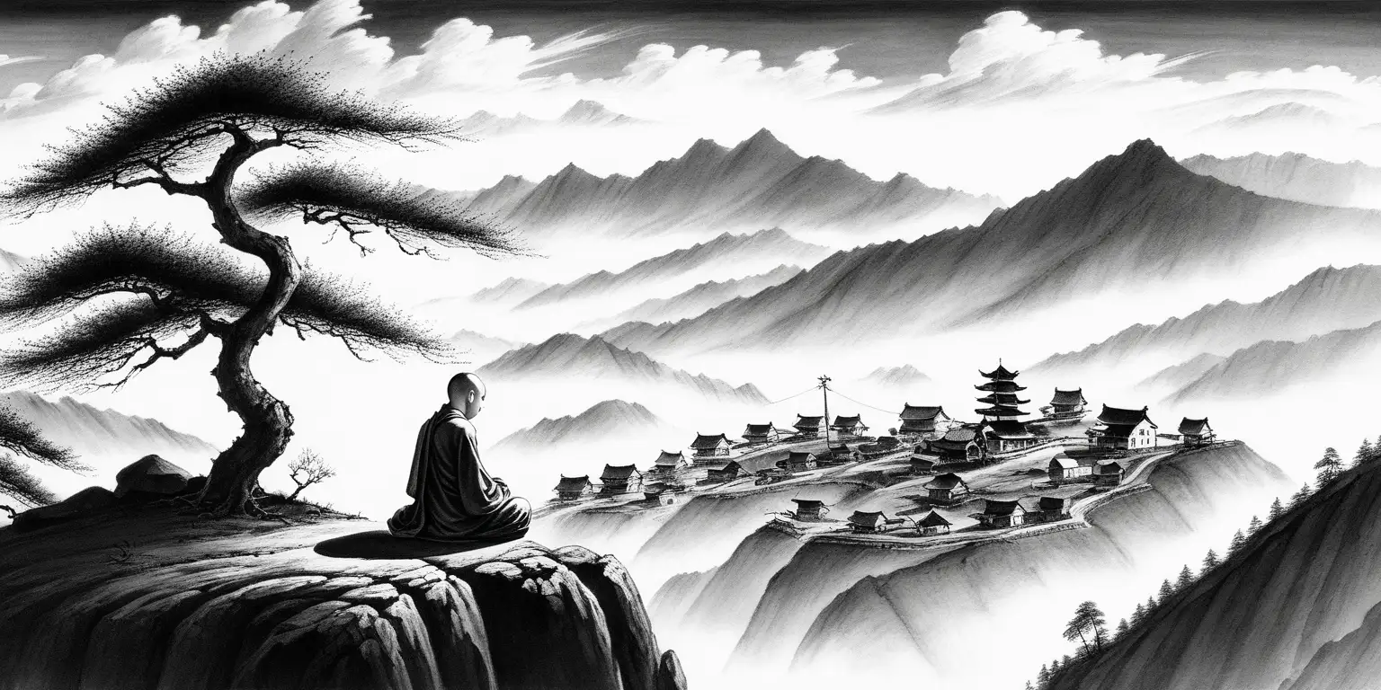 Serene Meditation Young Monk Overseeing Village in Eastern Ink Painting