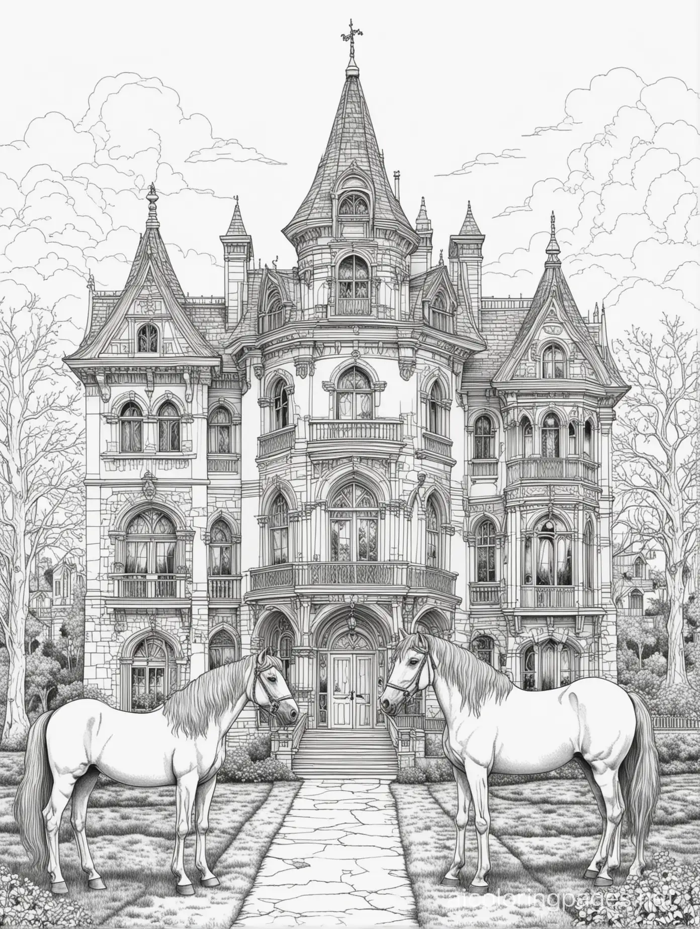 horses in front of a gothic victorian mansion, Coloring Page, black and white, line art, white background, Simplicity, Ample White Space. The background of the coloring page is plain white to make it easy for young children to color within the lines. The outlines of all the subjects are easy to distinguish, making it simple for kids to color without too much difficulty