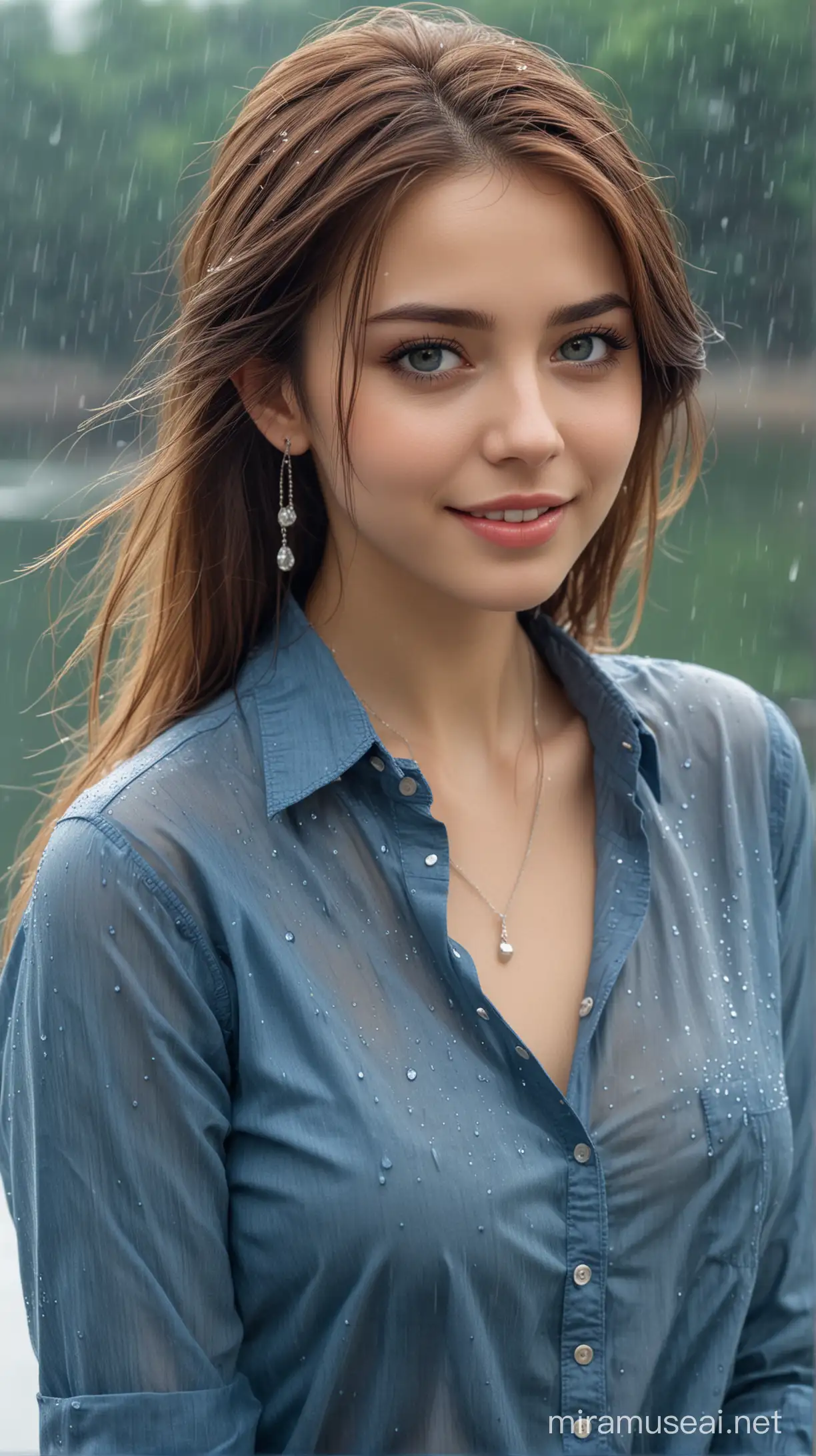 Beautiful Woman Standing by the Lake in Rainy Serenity