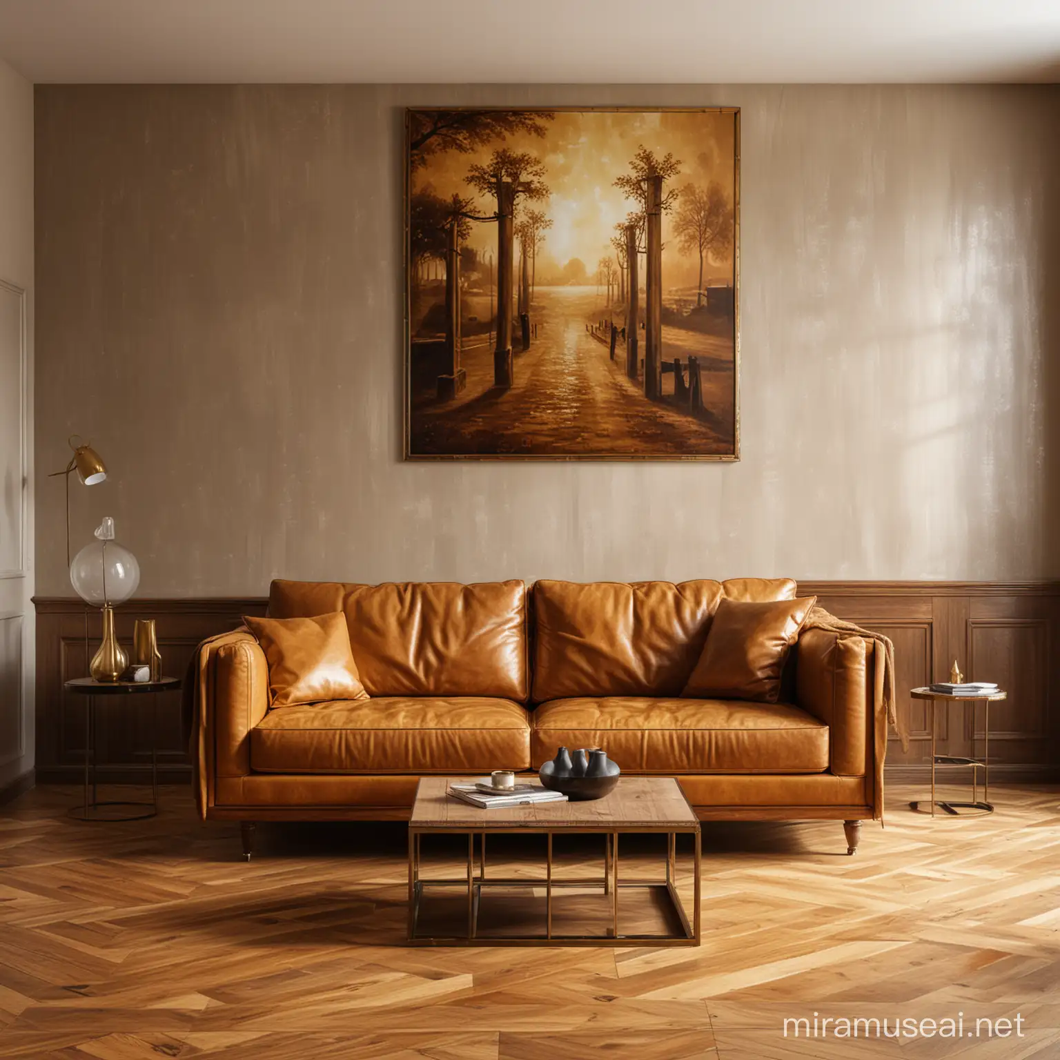 A living room with wooden floor and wooden posts in gold and brown, behind the golden leather sofa hangs a square picture, vivid, detailed, light and shadow