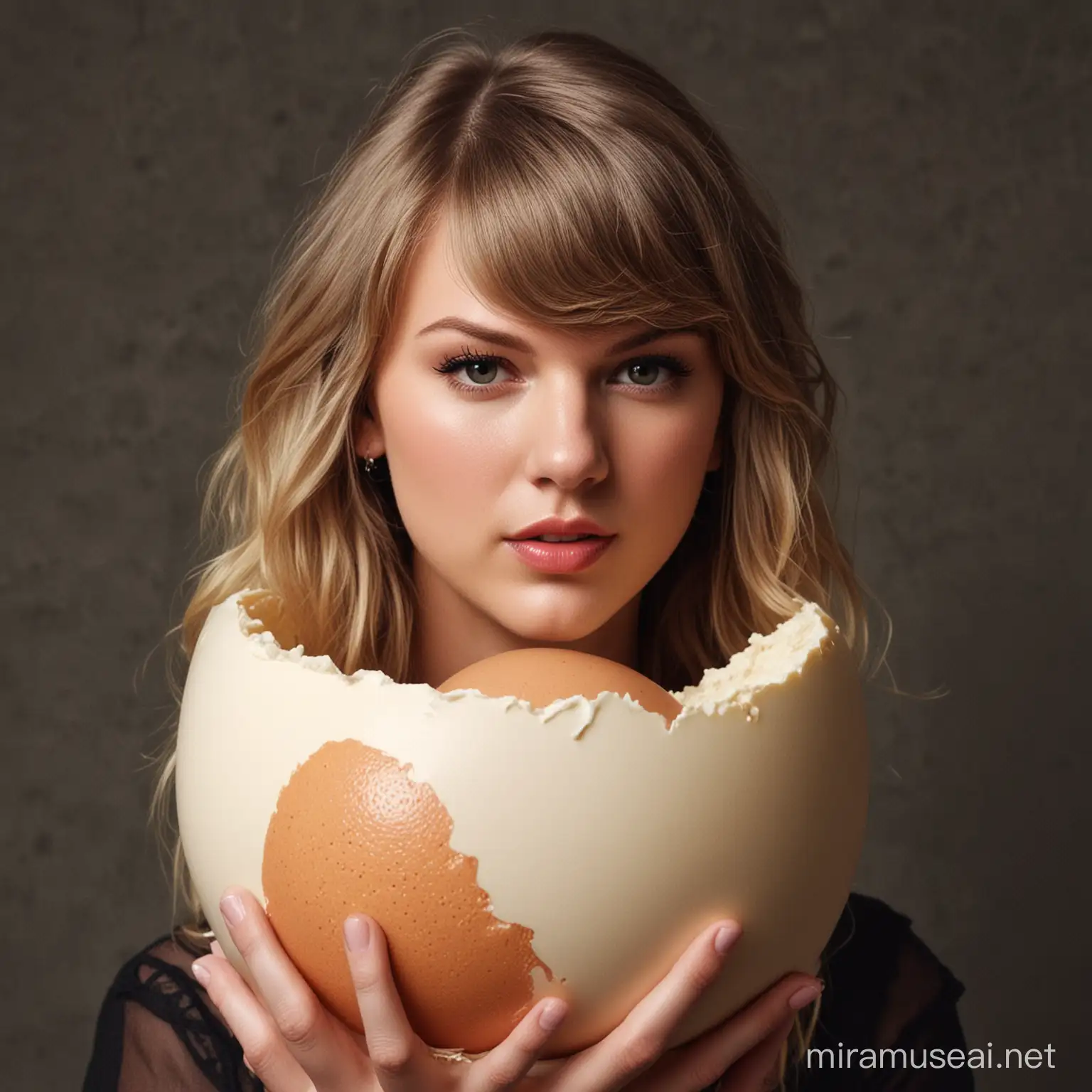 Taylor Swift hatching from an egg, she is covered in mucus and placenta