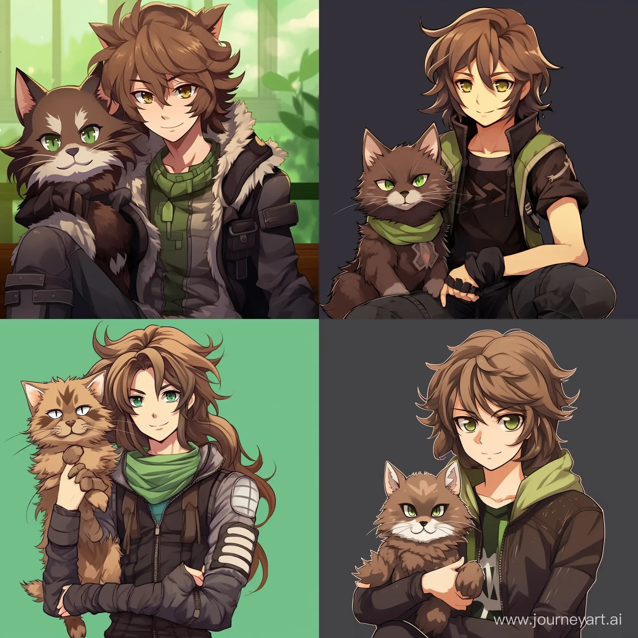 boy, brown long hair, brown cat ears with green fluff inside, green eyes, gray T-shirt on top, gray biker gloves, green fluffy tail, flat background, full body, anime, no outwear
