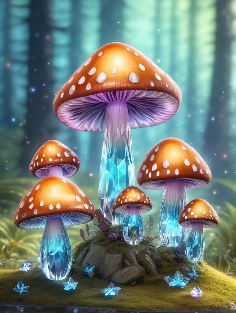 3 cute fantasy magical musrooms made from crystal