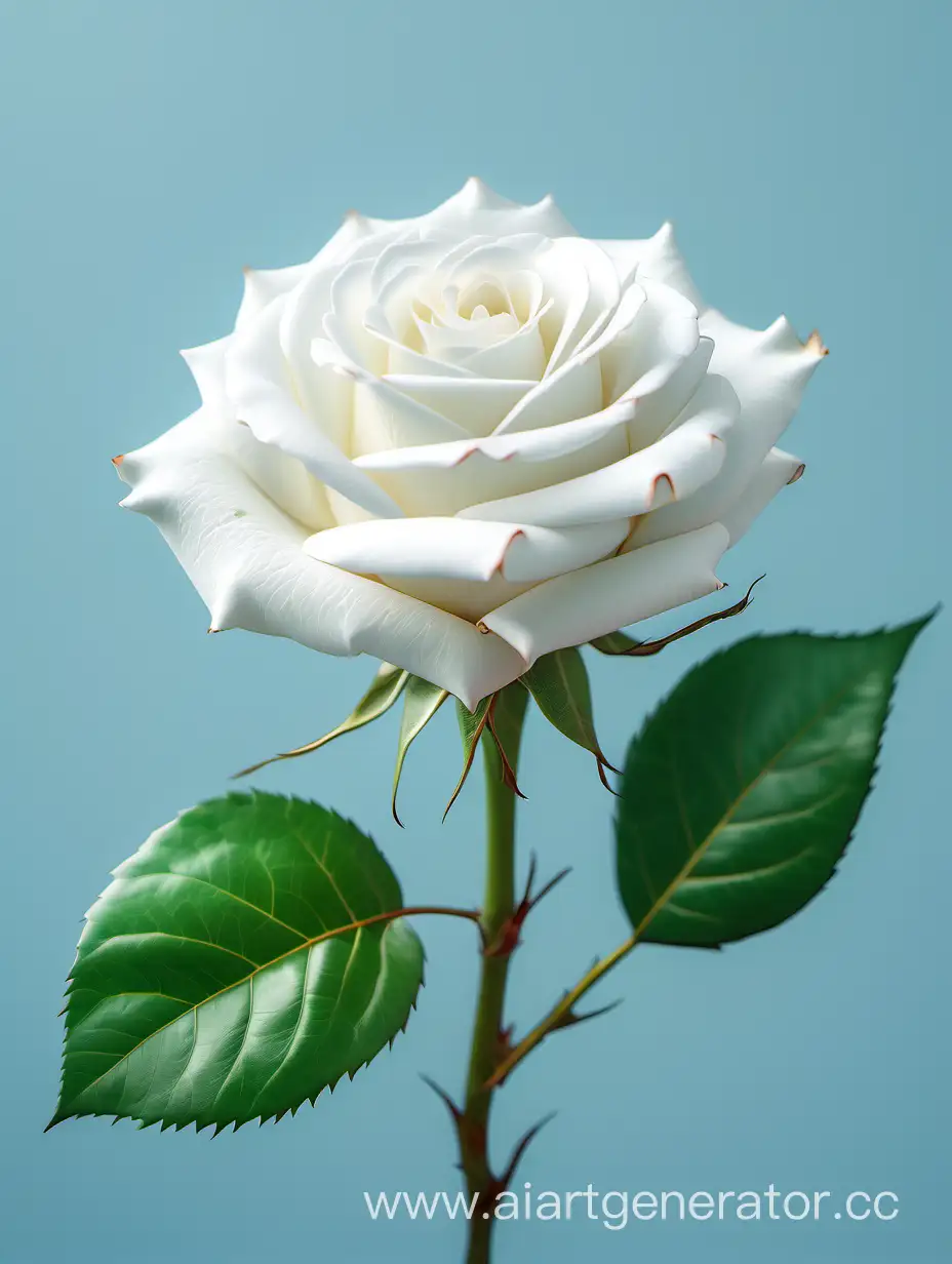 Beautiful-4K-HD-White-Rose-with-Lush-Green-Leaves-on-Pure-Light-Blue-Background