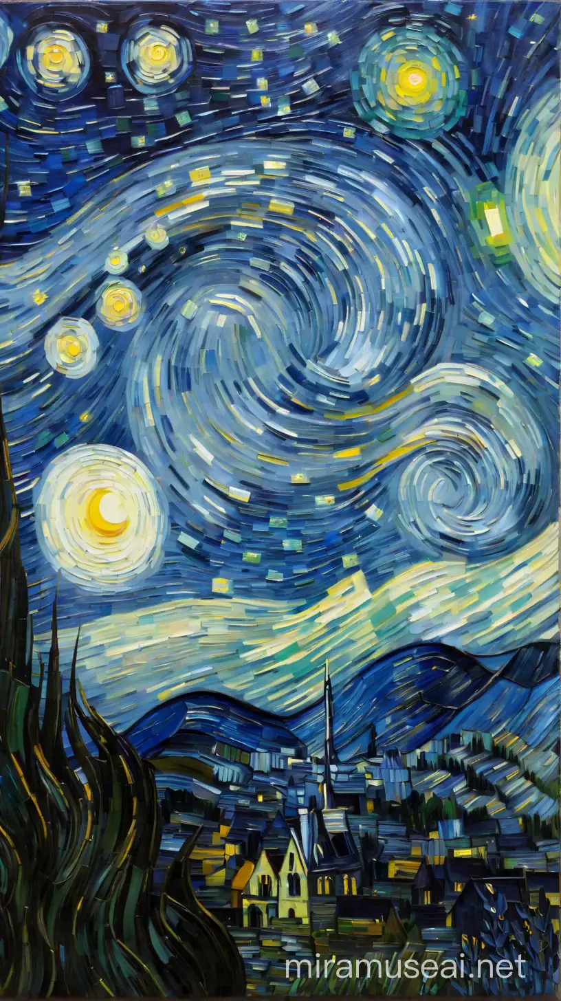Starry Night Painting by Van Gogh Iconic Night Sky and Whimsical Village Landscape