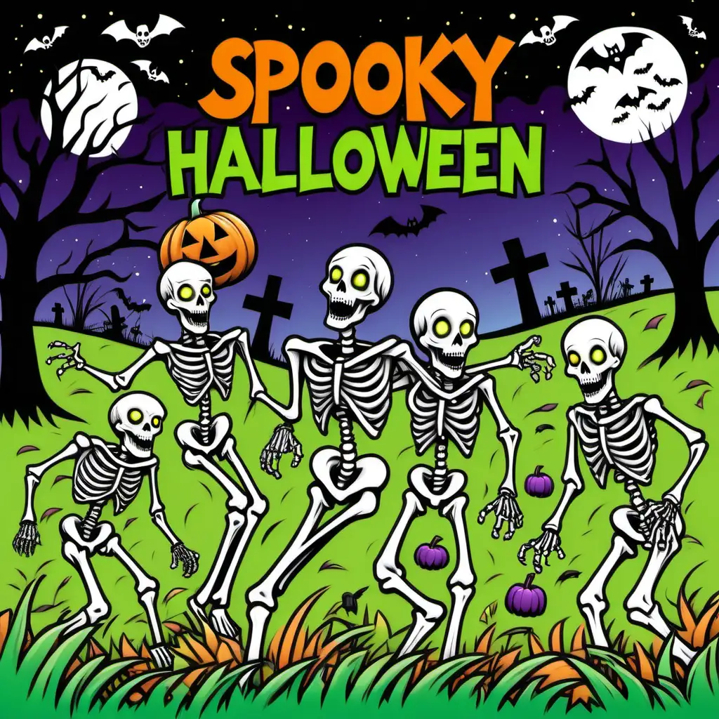 Ein Titelbild für ein Ausmalbuch für Kinder, dicke Linien, farbig, 9:11, leuchtend schwarzer Himmel, grünes Gras, mehrere Zombies und Skelette, die im Gras spazieren mit richtigen dicken Knochen, Titel: "Gruselige Halloween Ausmalbilder"