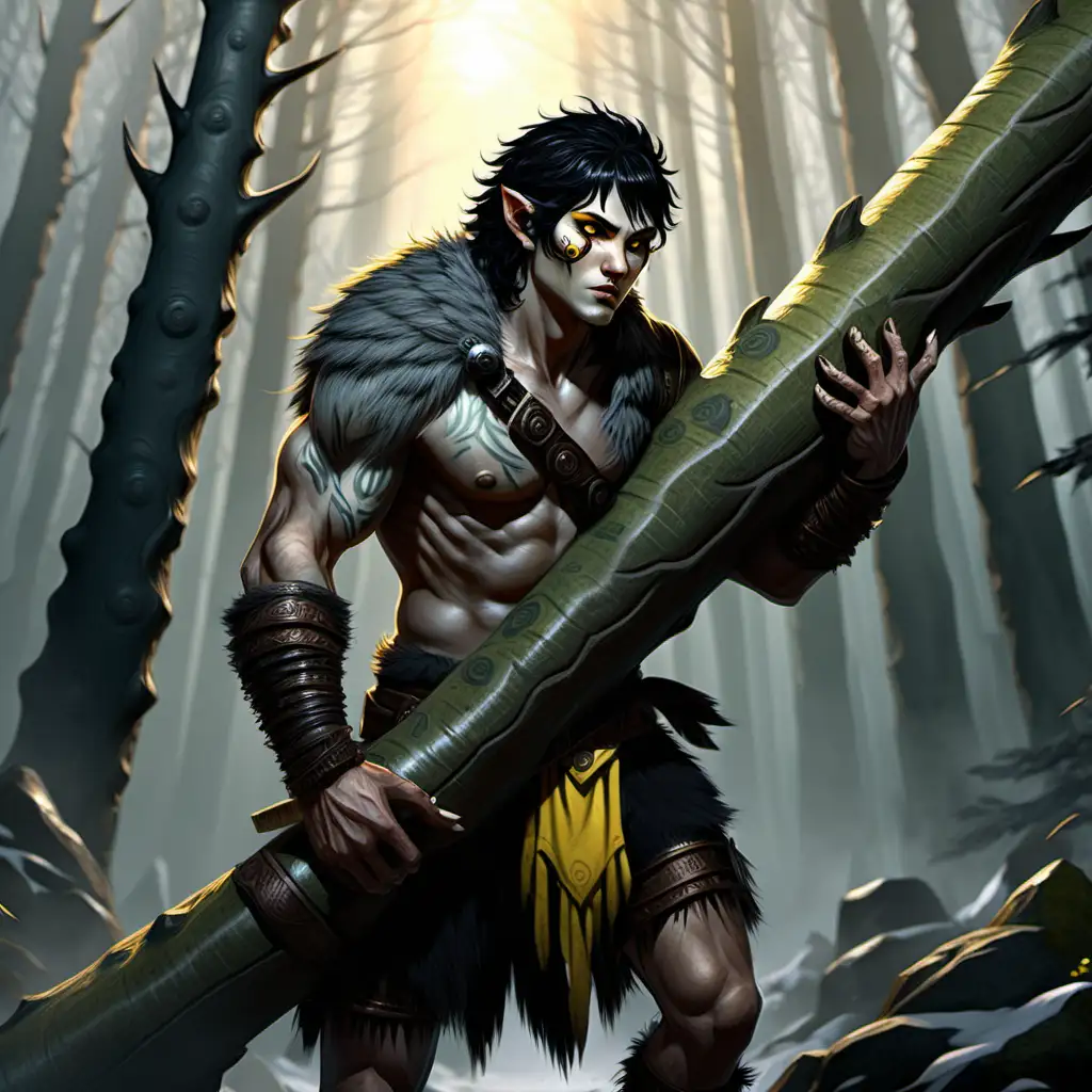 firbolg, short black hair, yellow eyes, barbarian, carrying long tree trunk, wolf totem