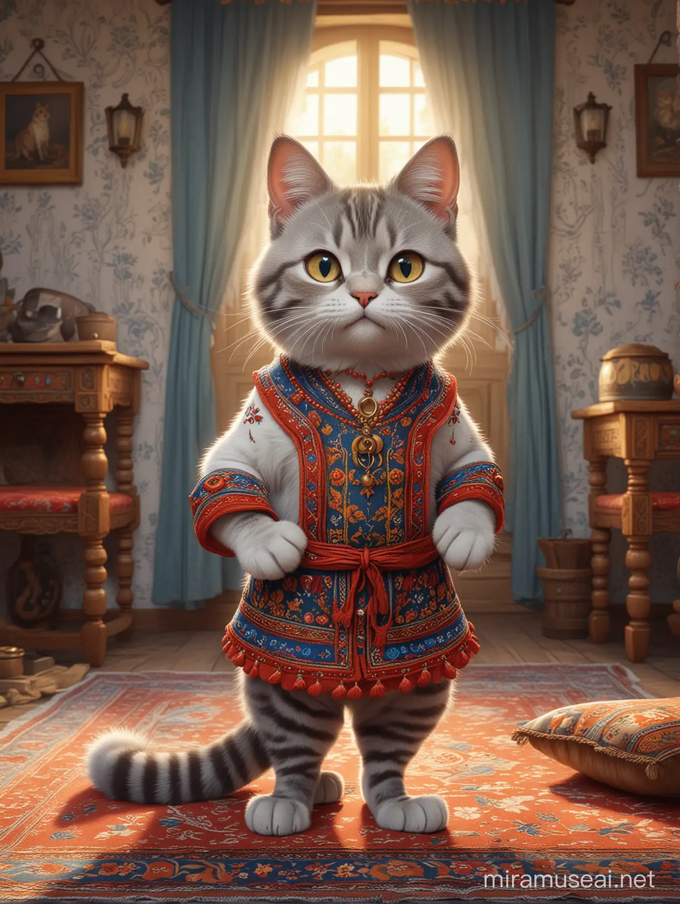 cat in ukrainian traditional suite, 2d cartoon style, pixar style
