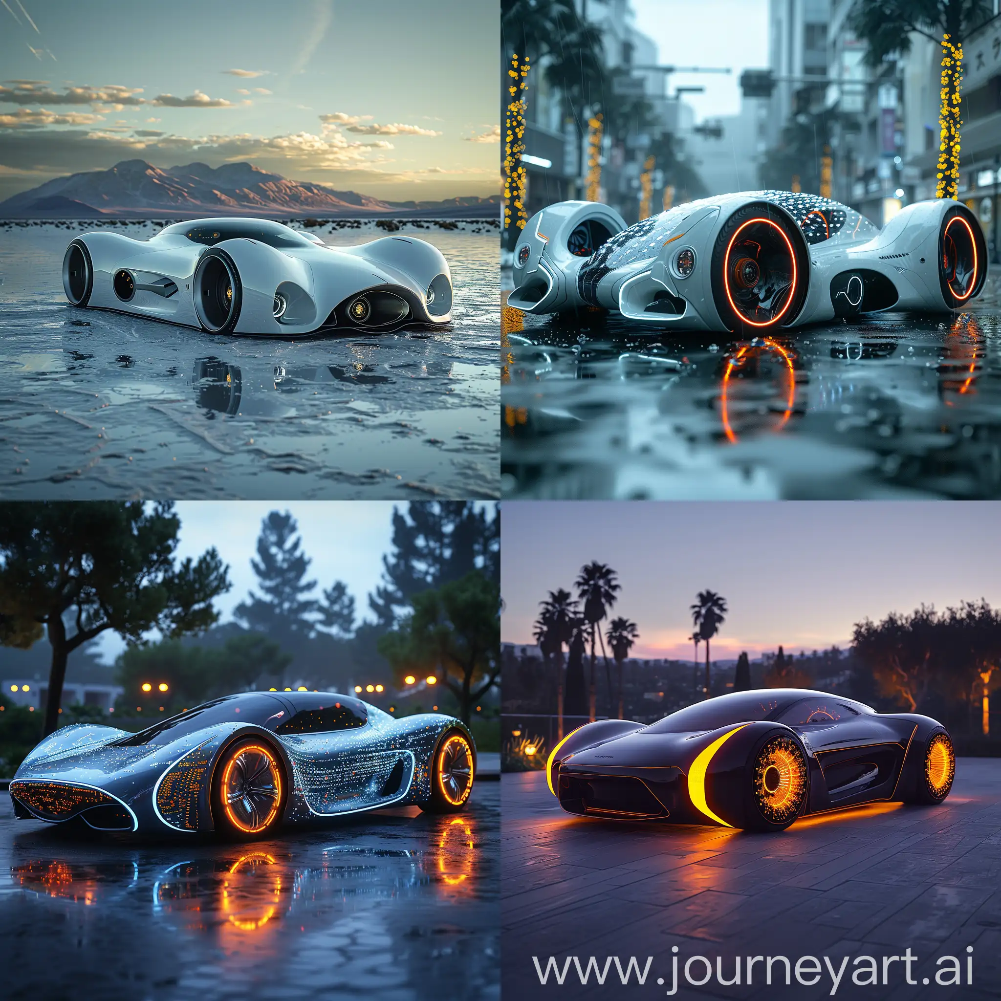 Futuristic car, Autonomous Driving, Augmented Reality Windshield, Biometric Vehicle Access, Holographic Displays, Artificial Intelligence Integration, Health Monitoring System, Shape-shifting Body, Energy-storing Body Panels, Vehicle-to-Everything (V2X) Communication, 
Self-healing Materials, Electric or Hydrogen Powertrain, Regenerative Braking, Recycled Materials, Energy-efficient Climate Control, Low Rolling Resistance Tires, Aerodynamic Design, Biodegradable Interiors, Eco-friendly Paint, Partnerships with Clean Energy Providers, Carbon Offsetting Programs, Reinforced Safety Cage, Crumple Zones, Side Impact Beams, Advanced Airbag System, Collision Avoidance Systems, Pedestrian Detection System, High-Strength Materials, Roll-over Protection System, Seatbelt Pretensioners, Reinforced Roof, octane render --stylize 1000