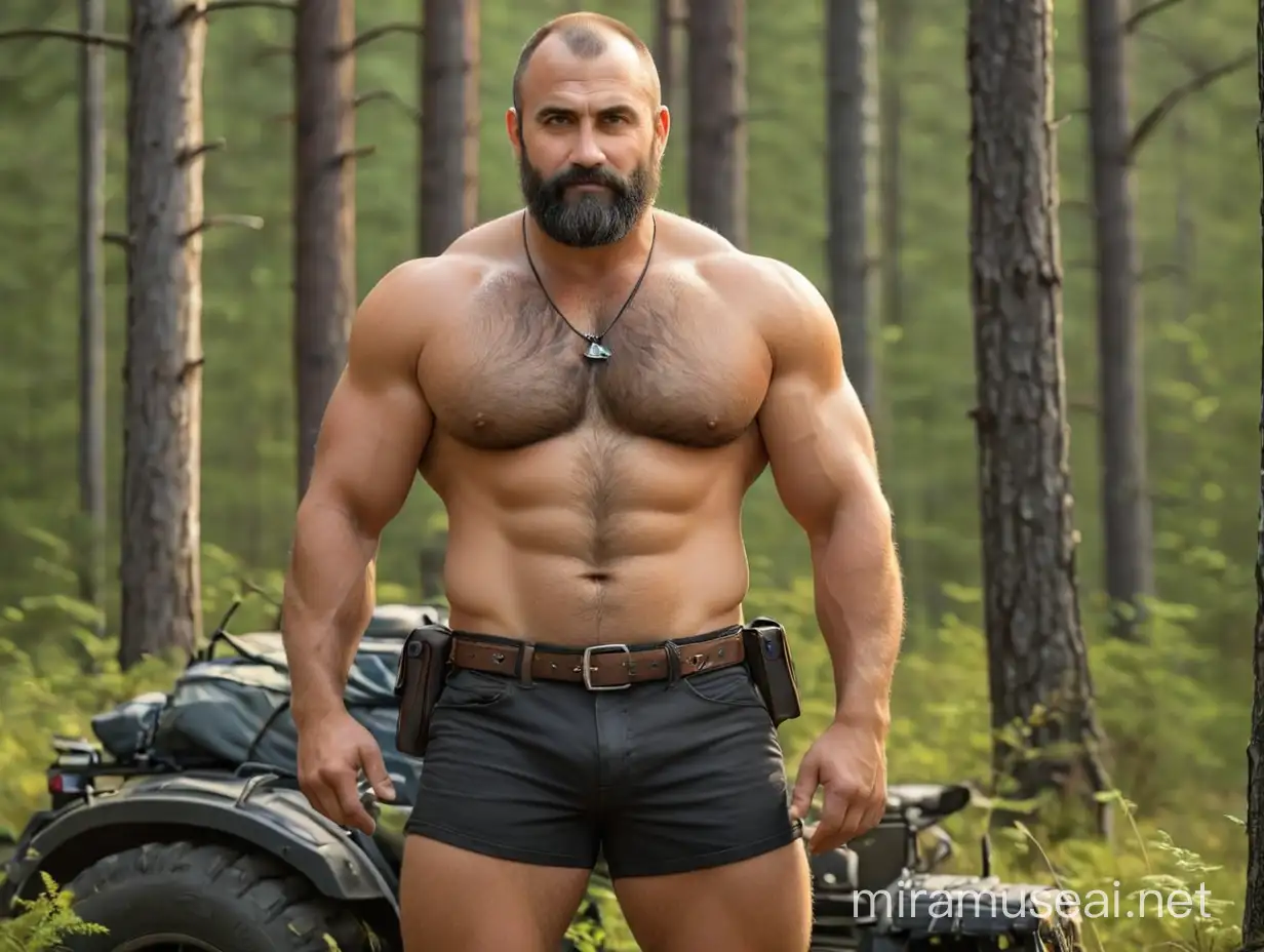 realistic photo of 44+ years old Eastern European, short, stocky daddy male trucker, very handsome and extremely attractive, friendly face, symmetrical handsome face, charismatic and charming,  balding, full body posing, lives in Finland, perfectly groomed gorgeous extremely thick gorgeous deep black voluminous full beard, gorgeous dense thick black eyebrows,  realistic eyes, wearing stylish expensive camping clothes and gear, showy gorgeous giant monster bulge, camping somewhere Finnish wilderness, make more photo realistic, bright natural light, perfect exposure, 8K professional Nikon camera, a very hot summer day, masterpiece, best professional photo, insane details, realistic body part proportions, relaxed photo session, hard very physical work, charming sexy grin, satisfied with his life, womanizer, strong as a bear, very stylish and neat appearance, happy, relaxed, satisfied, photogenic, extremely hairy body belly arms legs, hunting trip, the real Adonis, broad muscular neck, big feet, exclusive leather belt, shirtless, extremely hairy chest, dense bushy armpit hair, arms lifted behind neck, seductive expression