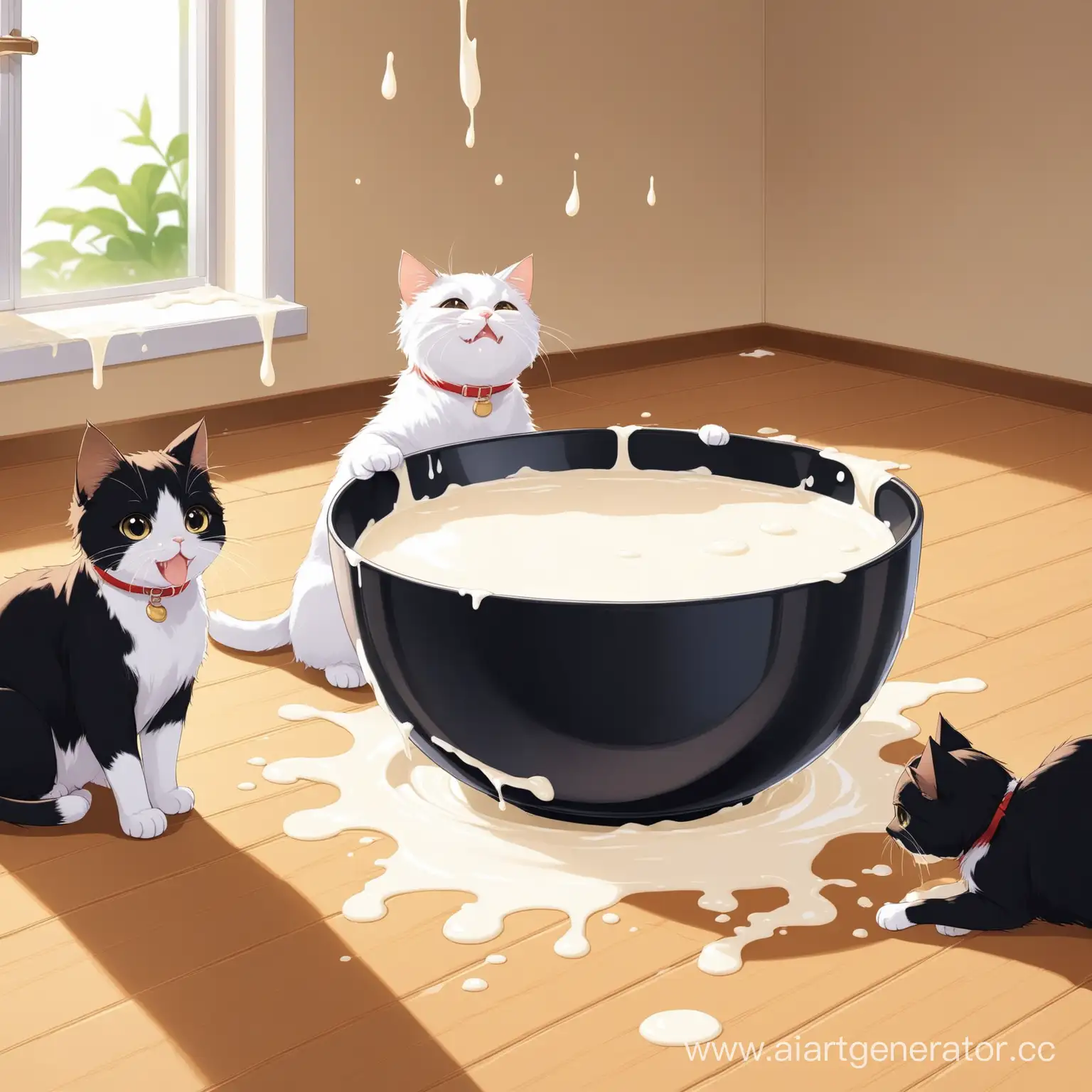 3 кота упали в огромную миску с молоком, молока выливается через край и затопляет дом