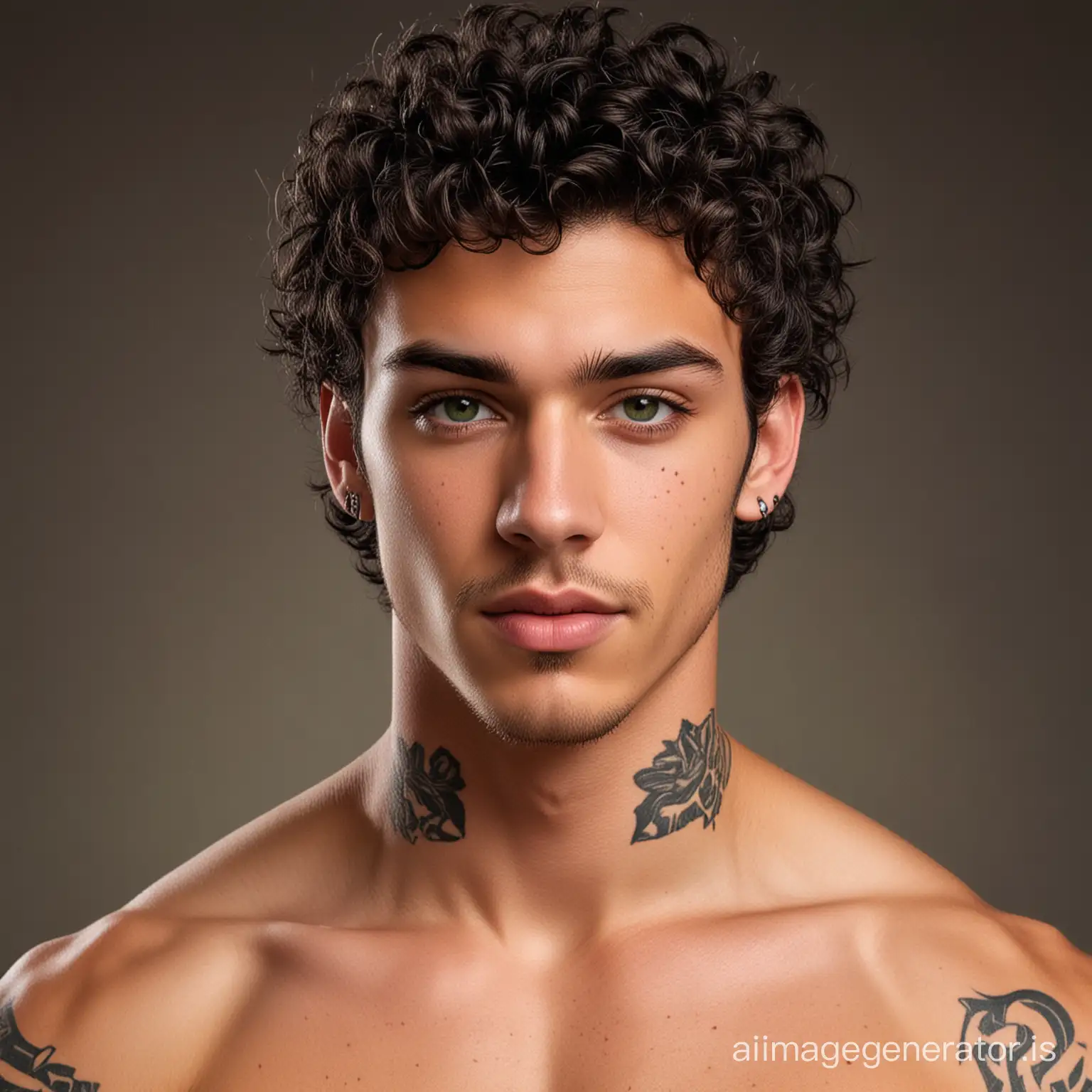 young man, 19 years old, short black loose curly hair, bright emerald green eyes, brown skin tone, chiseled jaw line, clean shaven, cruel smirk, he has tattoos, neck tattoos, very strong, very tall, athlete, rich, wearing a very fancy outfit