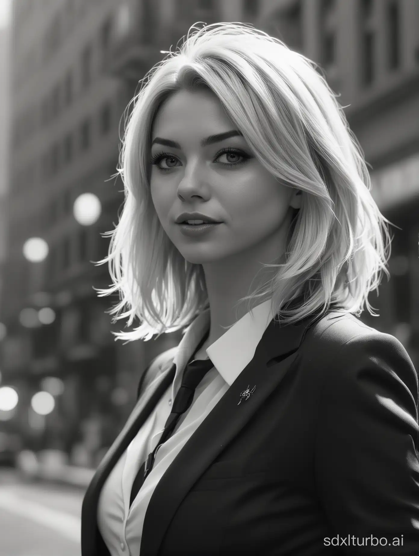 (8k,ultra hd,high resolution,extreme detail,octane,render,best quality,masterpiece,dynamic angle, highest detailed:1.2) , /Gwen Stacy/, cowboy shot, photo of (Gwen Stacy) , intense short blonde hair, (black and white suit:1.4) , (spider symbol:1.2) , (ultra high resolution textures:1.2) , bokeh, light passing through hair, city background, (official art:1.2)