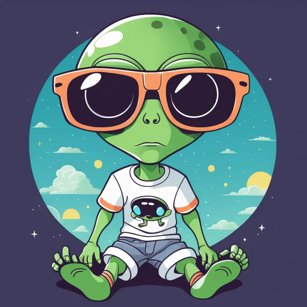 create a alien that is tired of the world while wearing sunglasses and wearing a graphic shirt with shorts on 