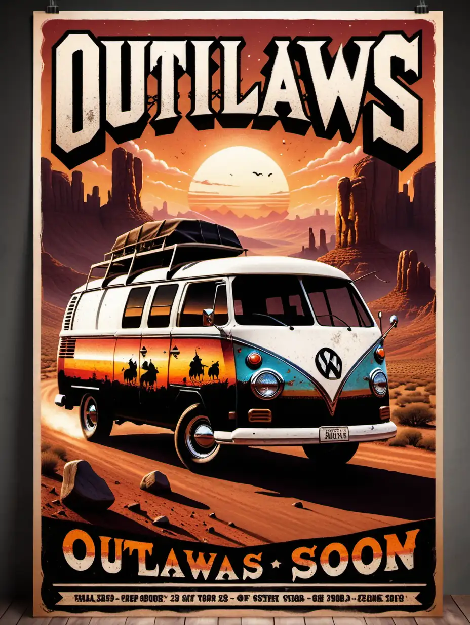 rock show poster themed "outlaws" with a focus on the side rear view of grungy tour van and a background of western suset