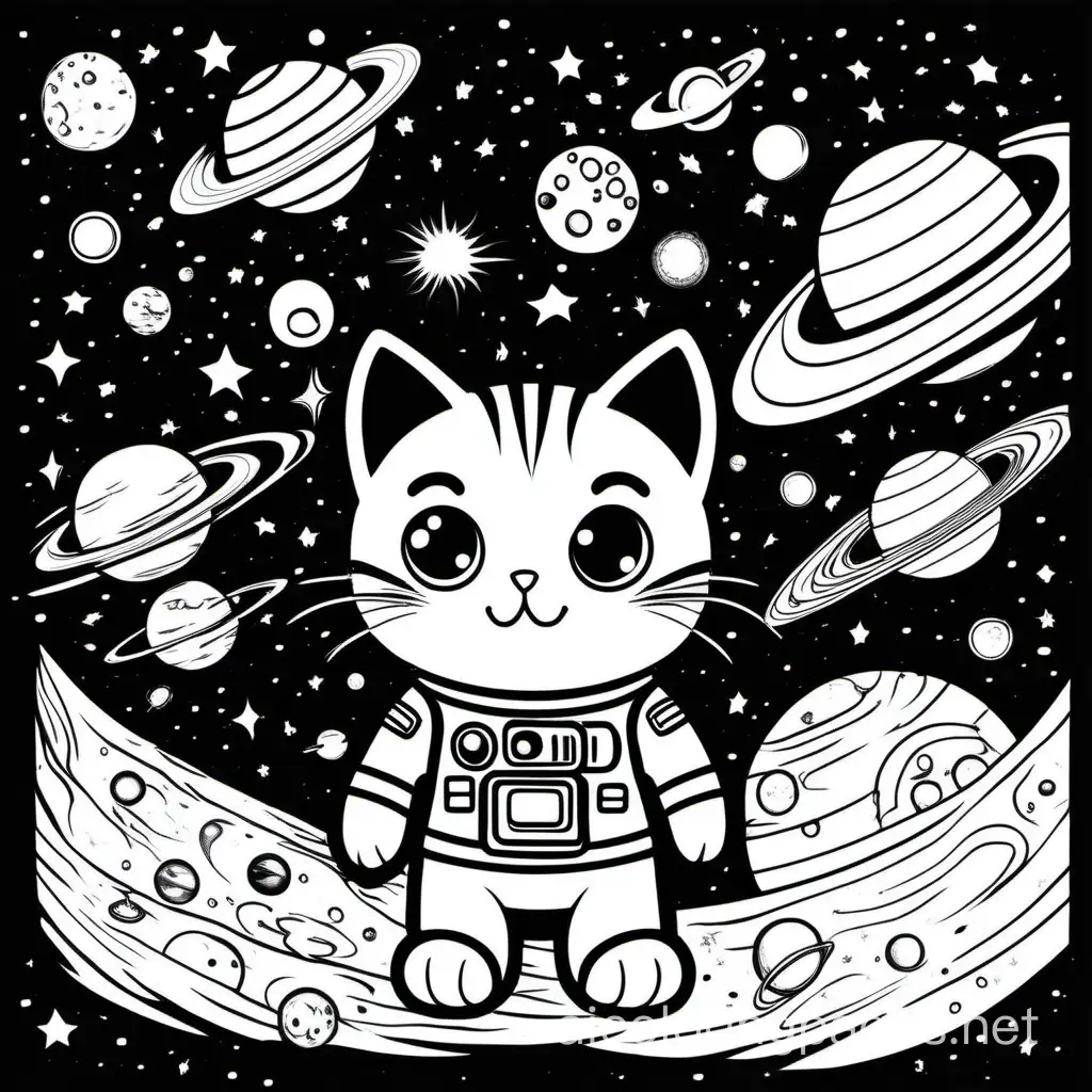 create 100 images of cats in space, on space adventures, Coloring Page, black and white, line art, white background, Simplicity, Ample White Space. The background of the coloring page is plain white to make it easy for young children to color within the lines. The outlines of all the subjects are easy to distinguish, making it simple for kids to color without too much difficulty