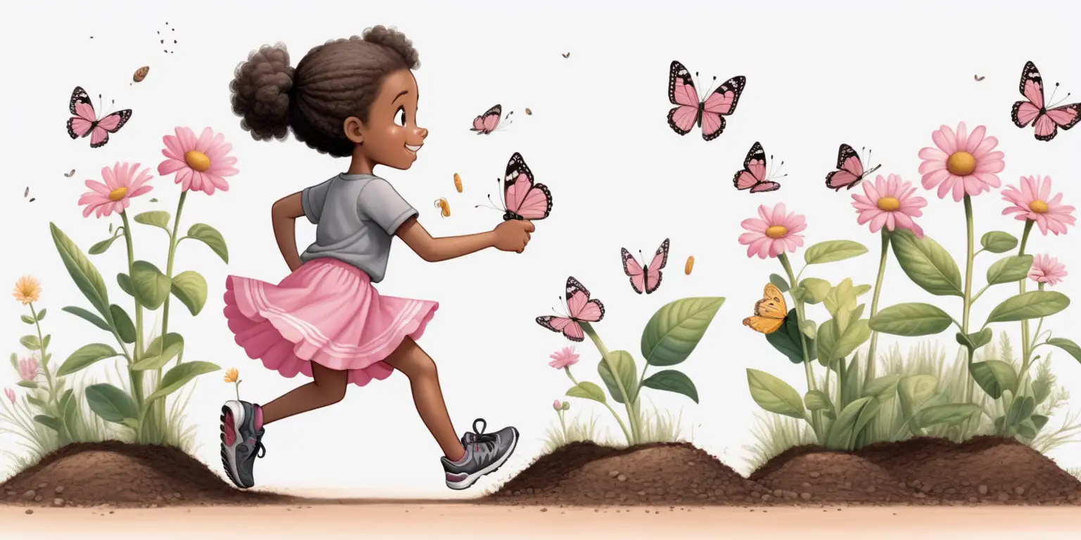 children's muted art illustration, full figure 8 year old african brown girl character, wearing a pink skirt, a grey shirt, black takes, planting seeds in a garden, running after a butterfly, cute poses and expressions, full colour, side view, back view, front view, no outline