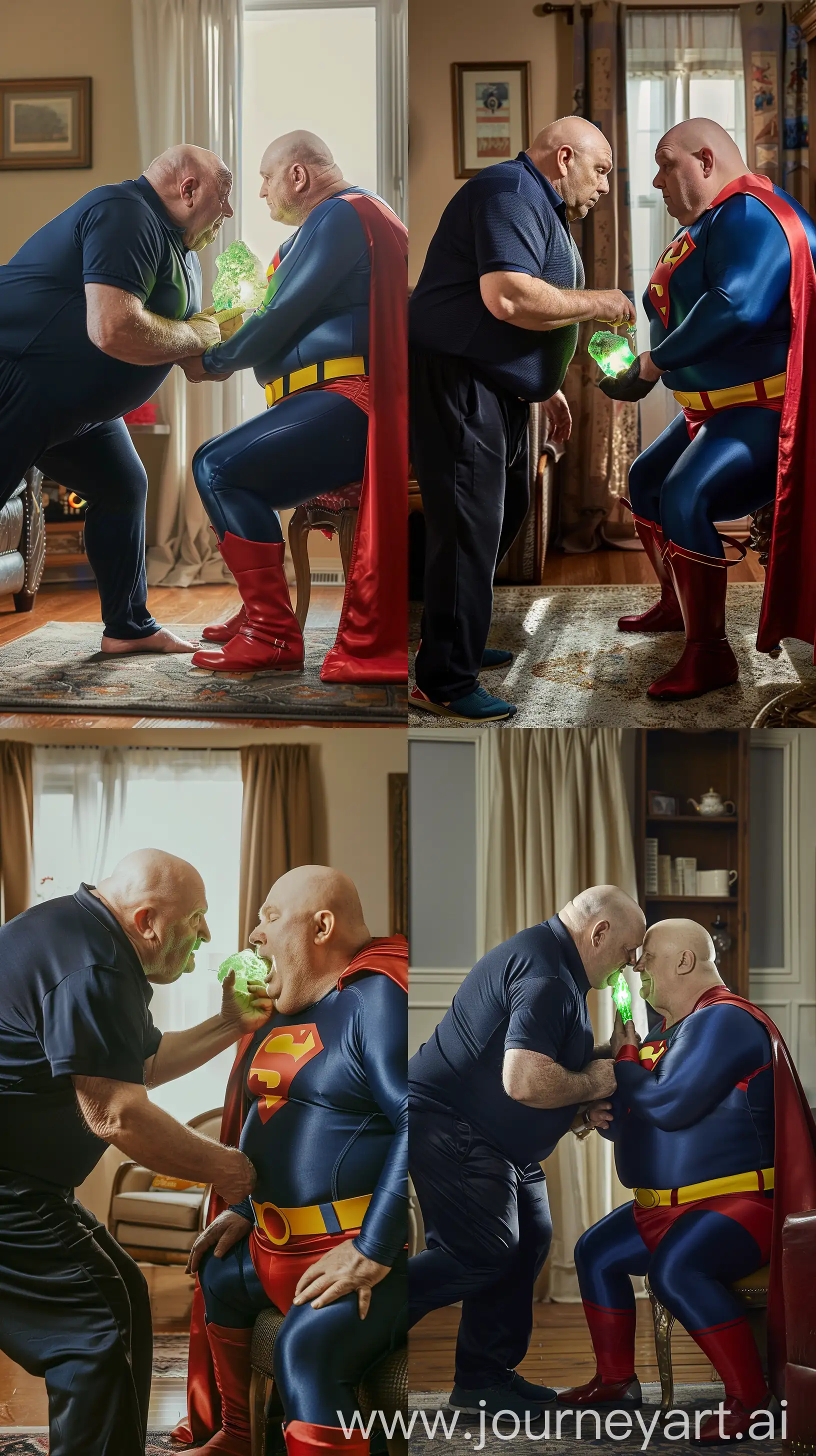 Close-up photo of two fat men aged 60 facing each other. The man on the left is wearing a silk navy blue sport polo shirt and silk black tracksuit pants bending and holding a bright green glowing rock near the face of the man on the right. The man on the right is wearing a silk navy blue tight full superman uniform with a large red cape, red trunks, yellow belt and red boots and is sitting on a chair. Inside a living room. Bald. Clean Shaven. Natural light. --style raw --ar 9:16