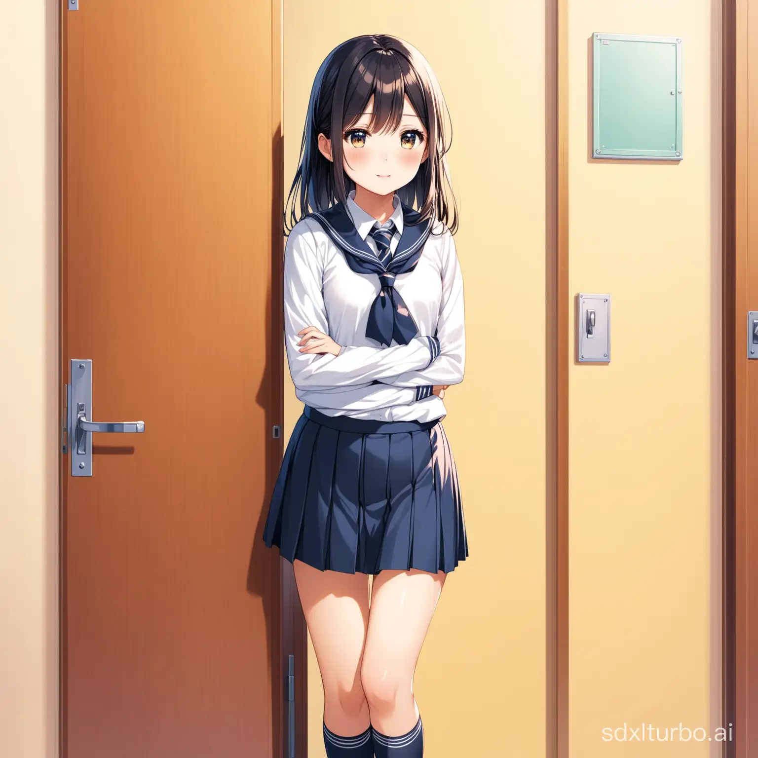 A beautiful and charming girl, wearing a school uniform, leaning against the classroom door, spacing out