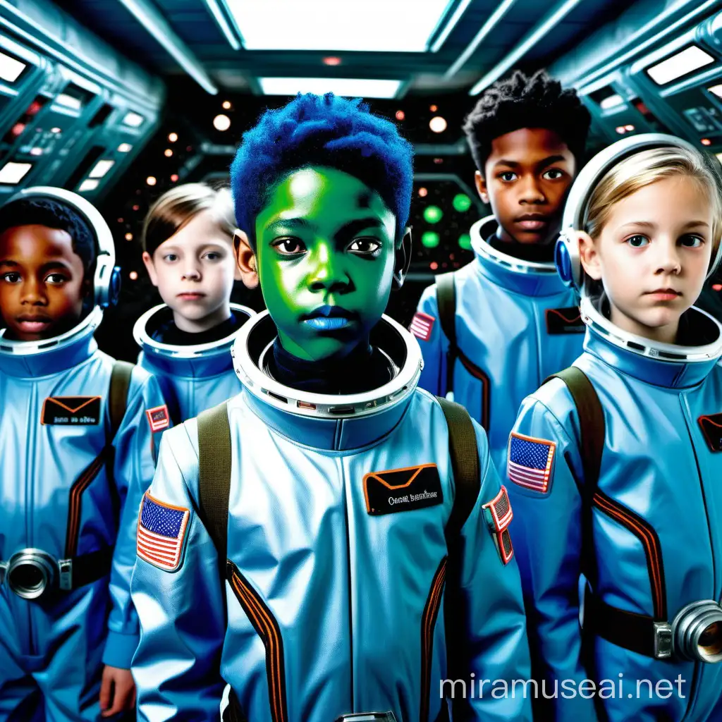5 boys and girls age 13 -1 5 of different races and species. 
One student has green skin
One student has blue skin
One student has antennas
One student has gills 
 hey are wearing uniforms of a space training academy suits in a large space ship. One of the children is a cyborg.