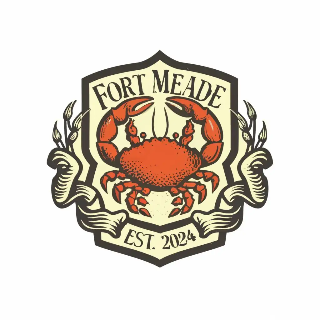 "Fort Meade Seafood" logo, classic historic vintage shield, crab, ribbon ,Text "Est.2024",  natural outline, with the text "Fort Meade Seafood", typography, be used in Restaurant industry