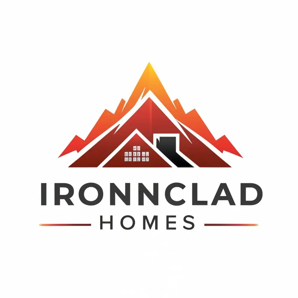 logo, Mountain background with a modern home in the foreground. Mountain outline is in iron red.  The "Ironclad homes" text in gradient color from iron red to black., with the text "Ironclad Homes", typography, be used in Construction industry