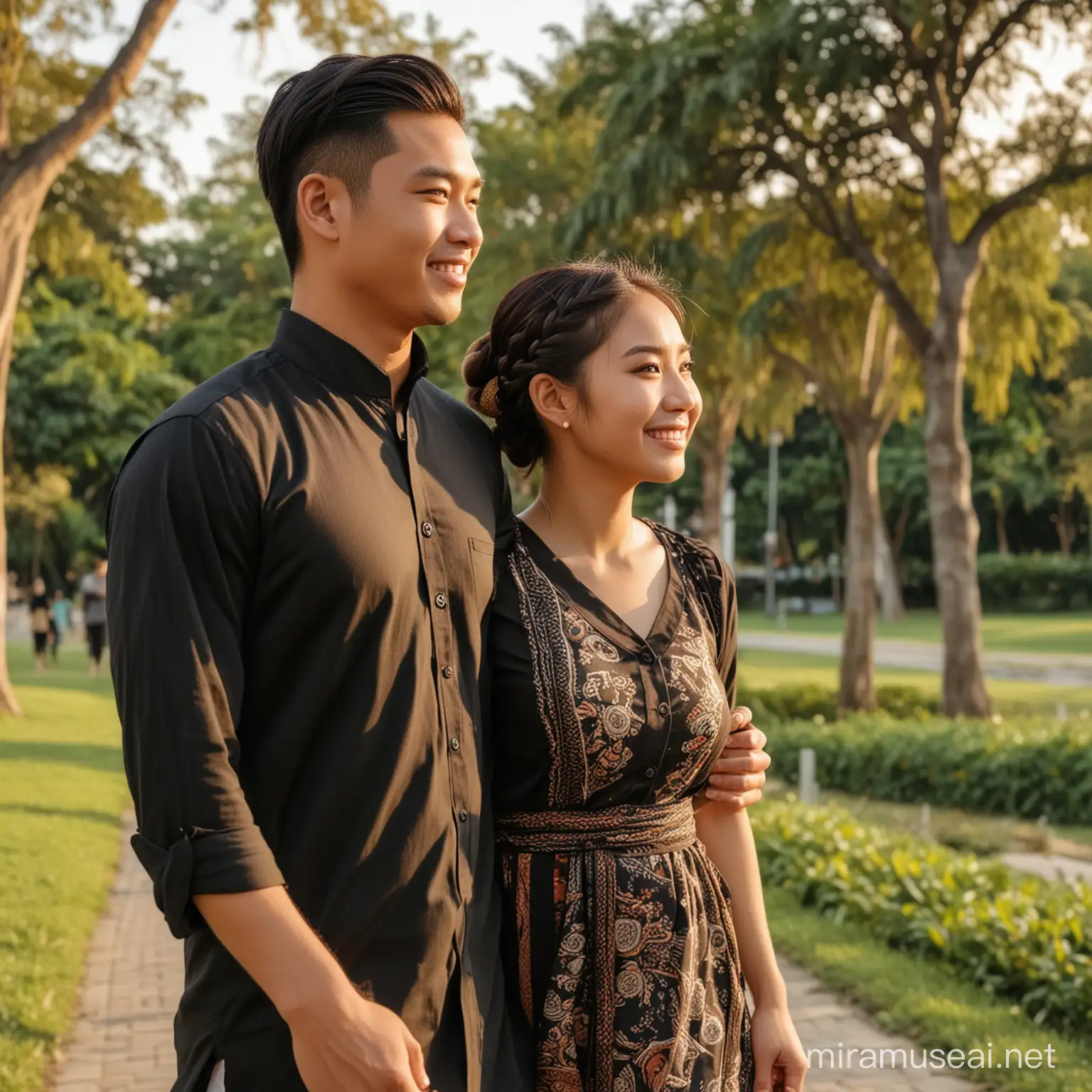 a romantic husband and wife, 26 year old young man, slightly fat Asian, neat short hair wearing a black shirt with slanted buttons (carrying) slightly fat Indonesian woman, hair braided and tied in a kufa ponytail, beautiful dress with sahr'i motif, (holding hands) healing smile, . walking in the park at sunset