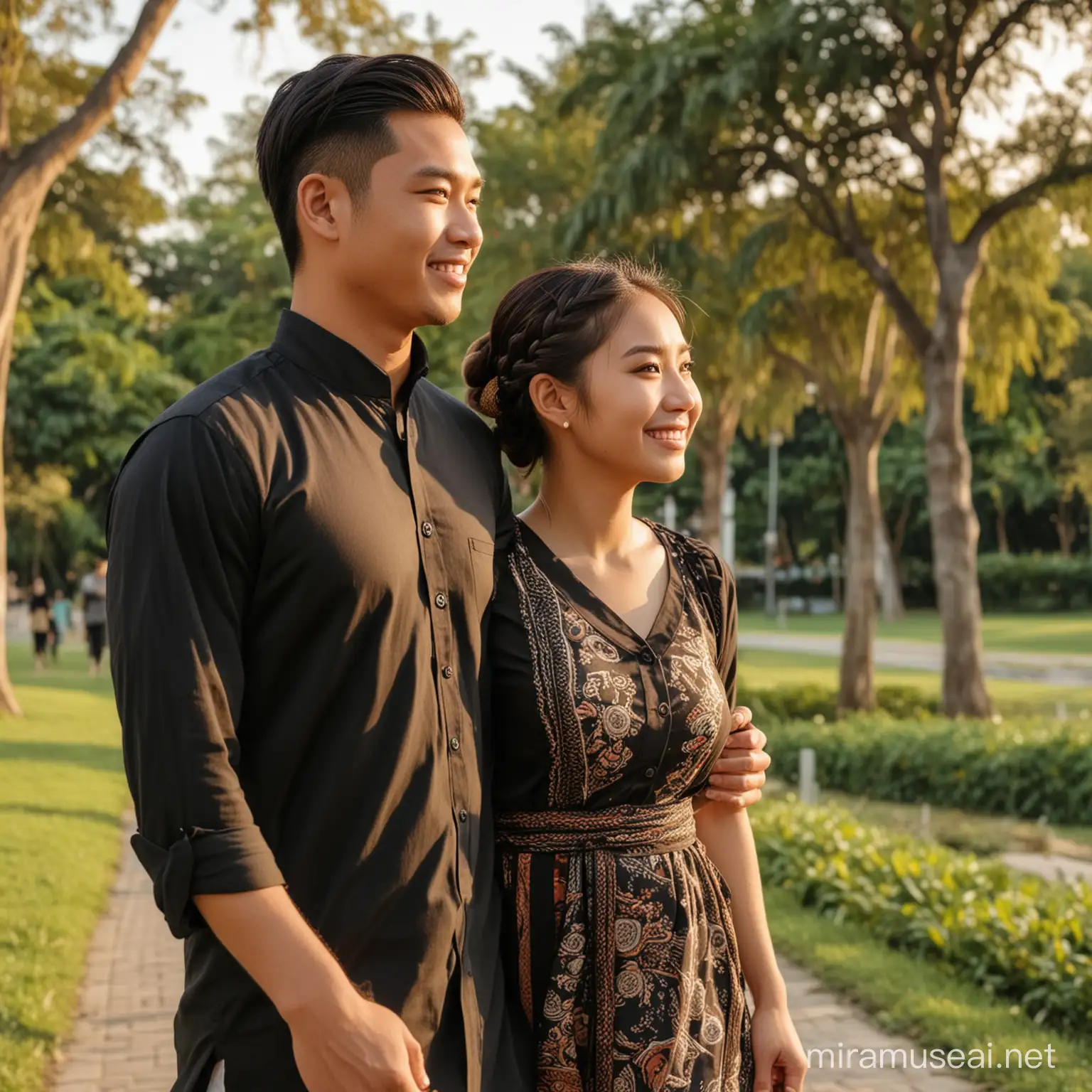 Romantic Husband and Wife Walking in Park at Sunset