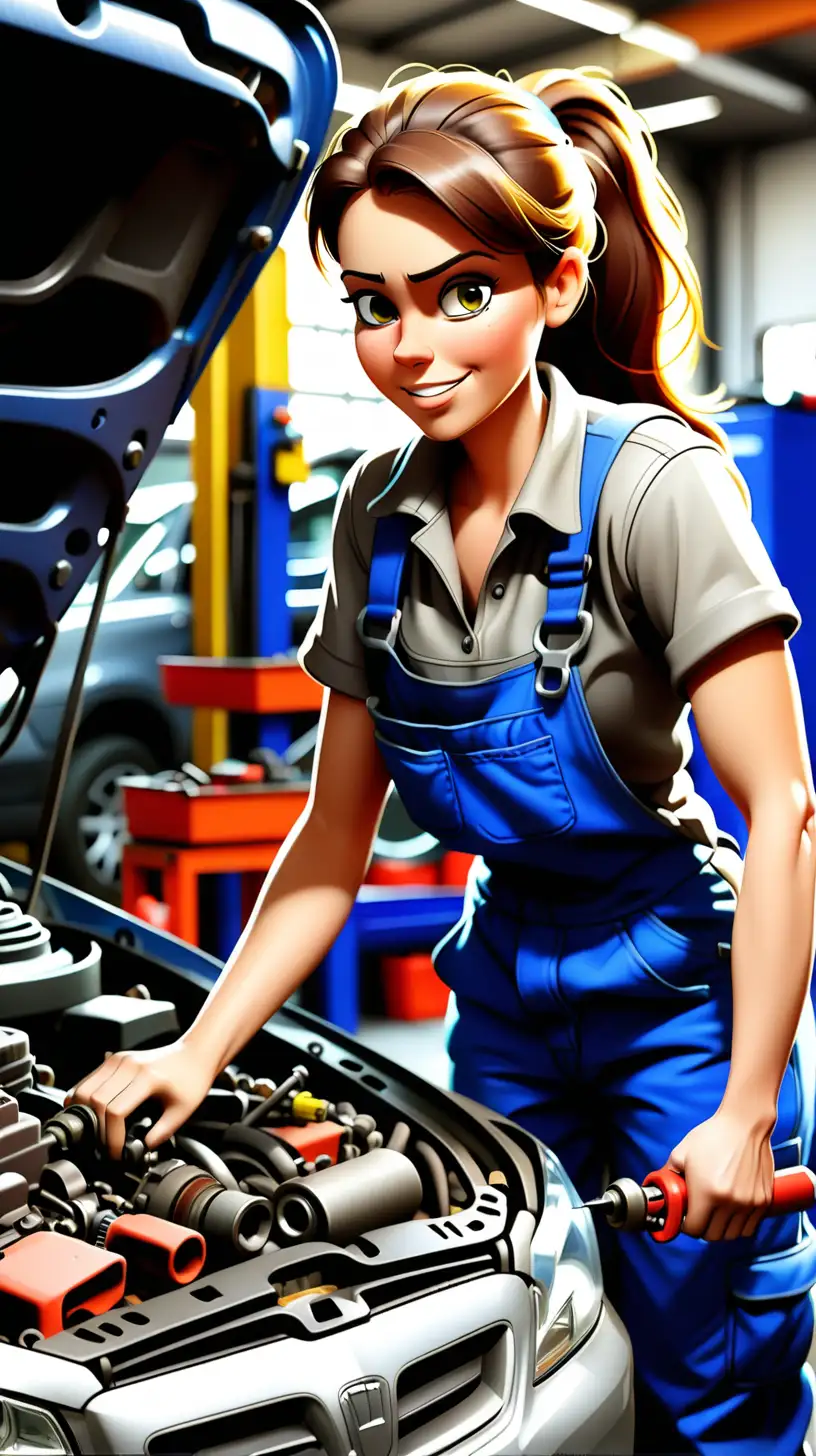 a female car mechanic at work carrying out repairs on a car