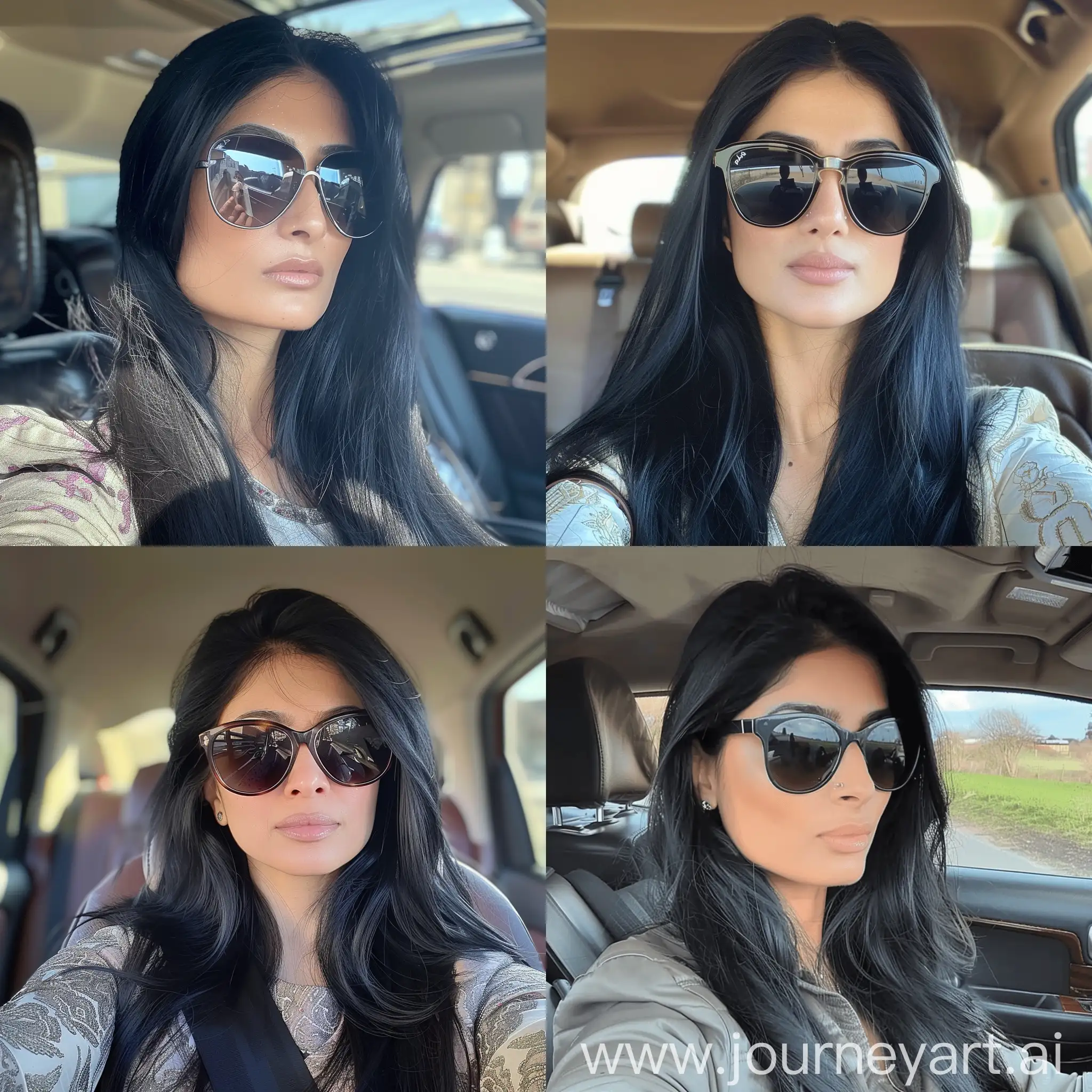 A british Pakistani women with long black hair wearing sunglasses taking selfie in a car --v 6