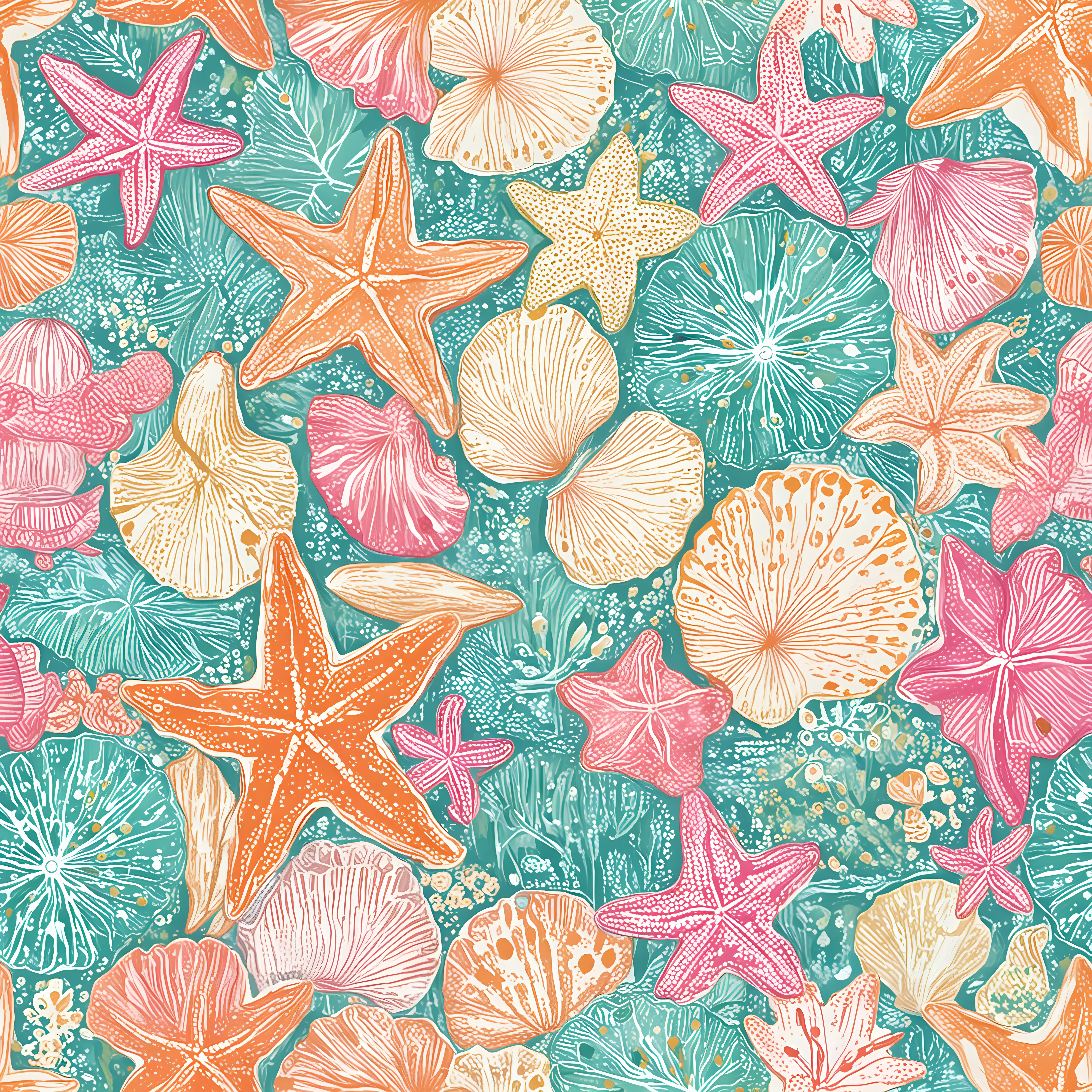 seashells, sand dollar, starfish, scallop shells, bright colors, lily pulitzer style illustration