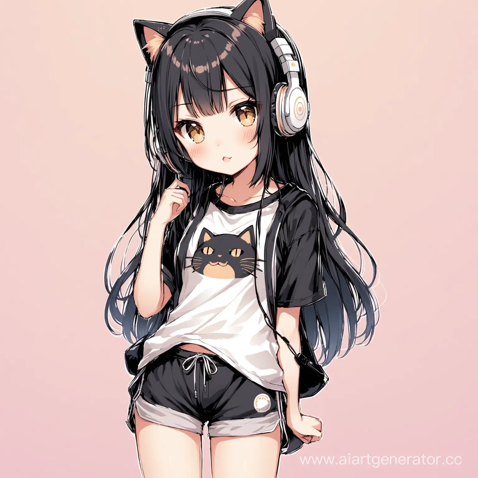BlackHaired-Neko-Girl-Listening-to-Music-in-Headphones-and-Shorts