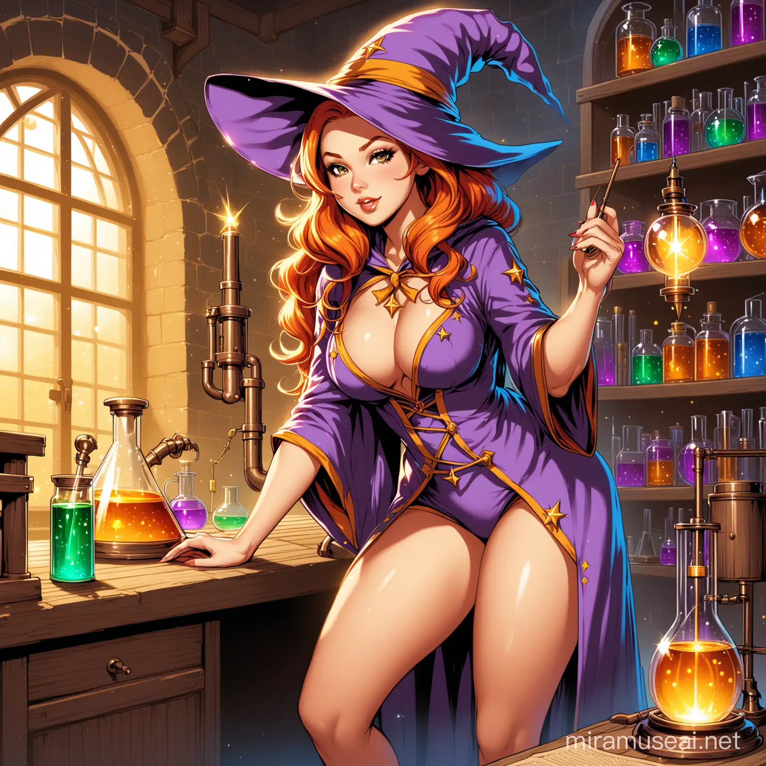 female wizard pin-up in her laboratory