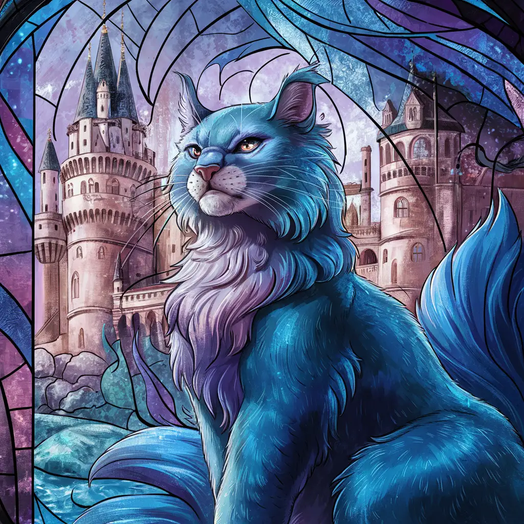  majestic blue feline, realistic stained glass