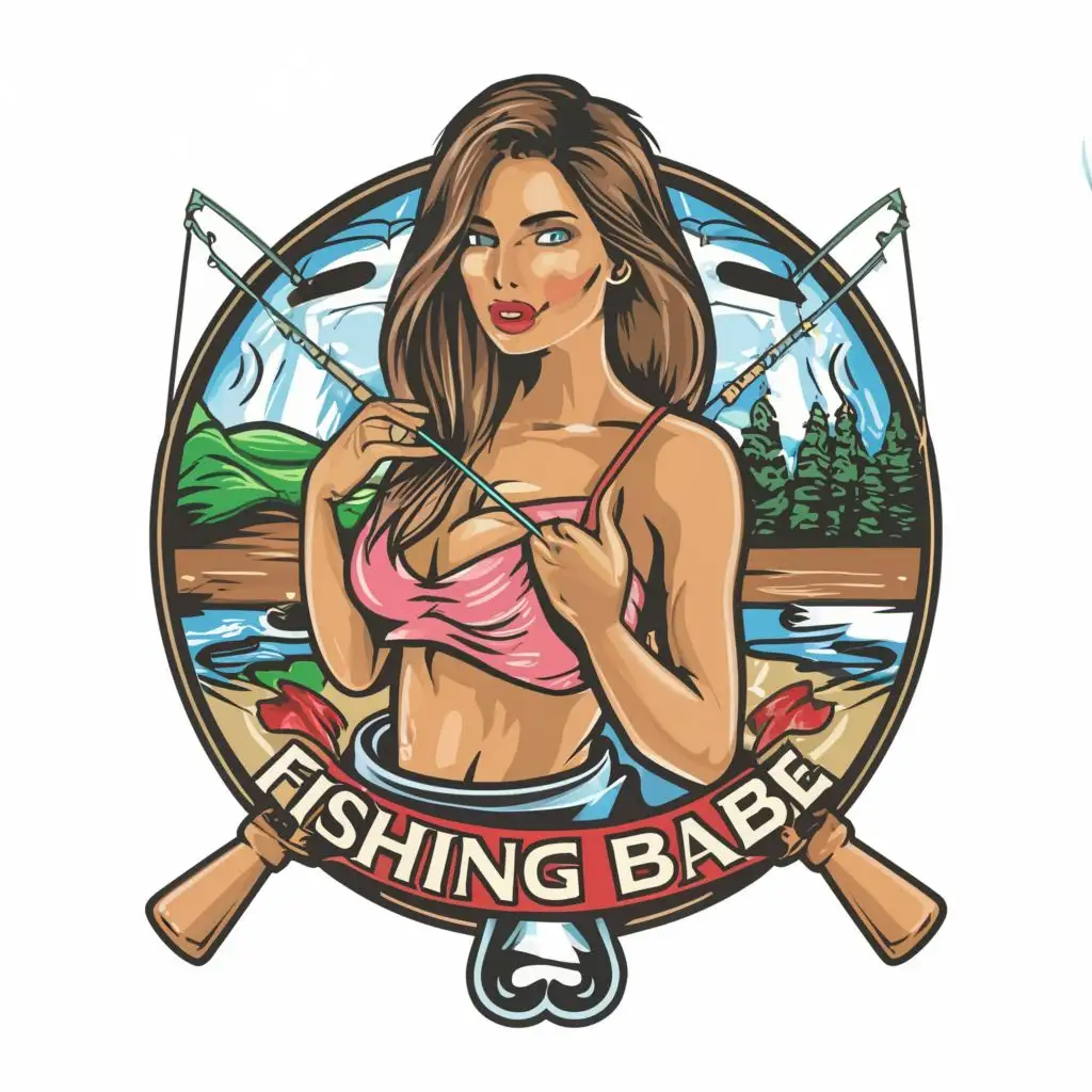 logo, Vector t-shirt design fishing babe on a white background, intricately detailed, clear white background, no words, Contour, Vector, White Background, no words, ultra-detailed image, ultra-sharp narrow outlined image, no jagged edges, very vibrant neon colors, no watermark, with the text " typography , with the text ".", typography