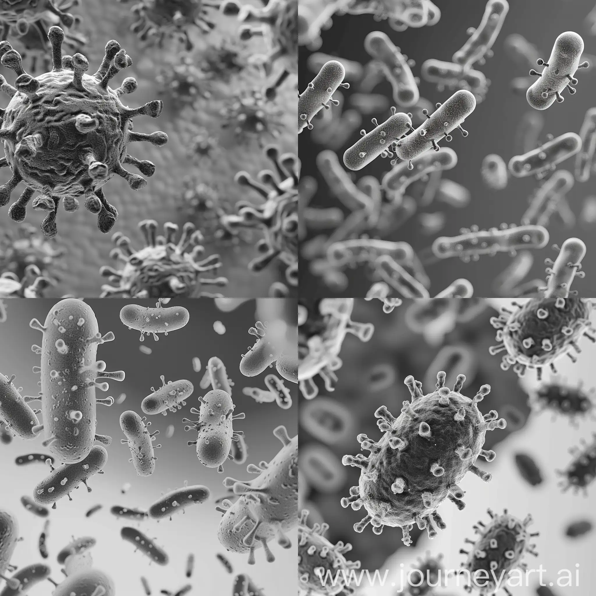 microbe 3d, black and white photo, gray uniform background