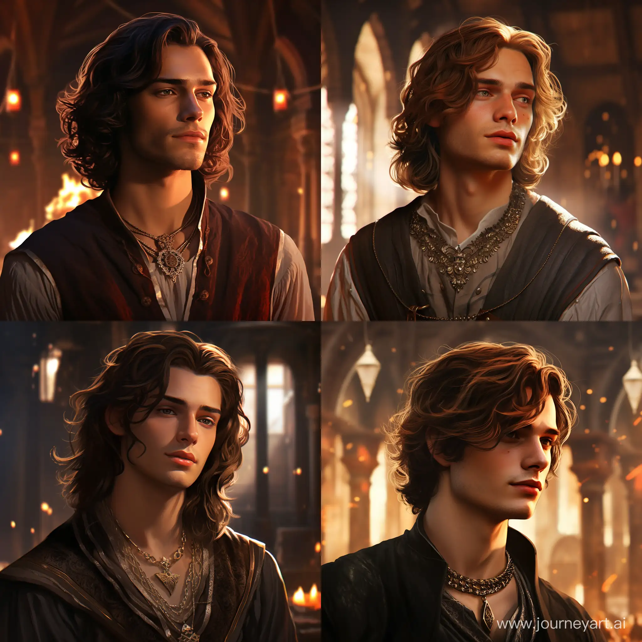 Medieval viceroy's son, 22 years old, wrinkles on face, long brown hair, no beard, necklace with transparent large crystal emitting inside a soft light  on the left and on bright light the right, a black mist hanging around the neck, round nose, medieval city, fantasy, realistic, digital art, 4k, fantasy