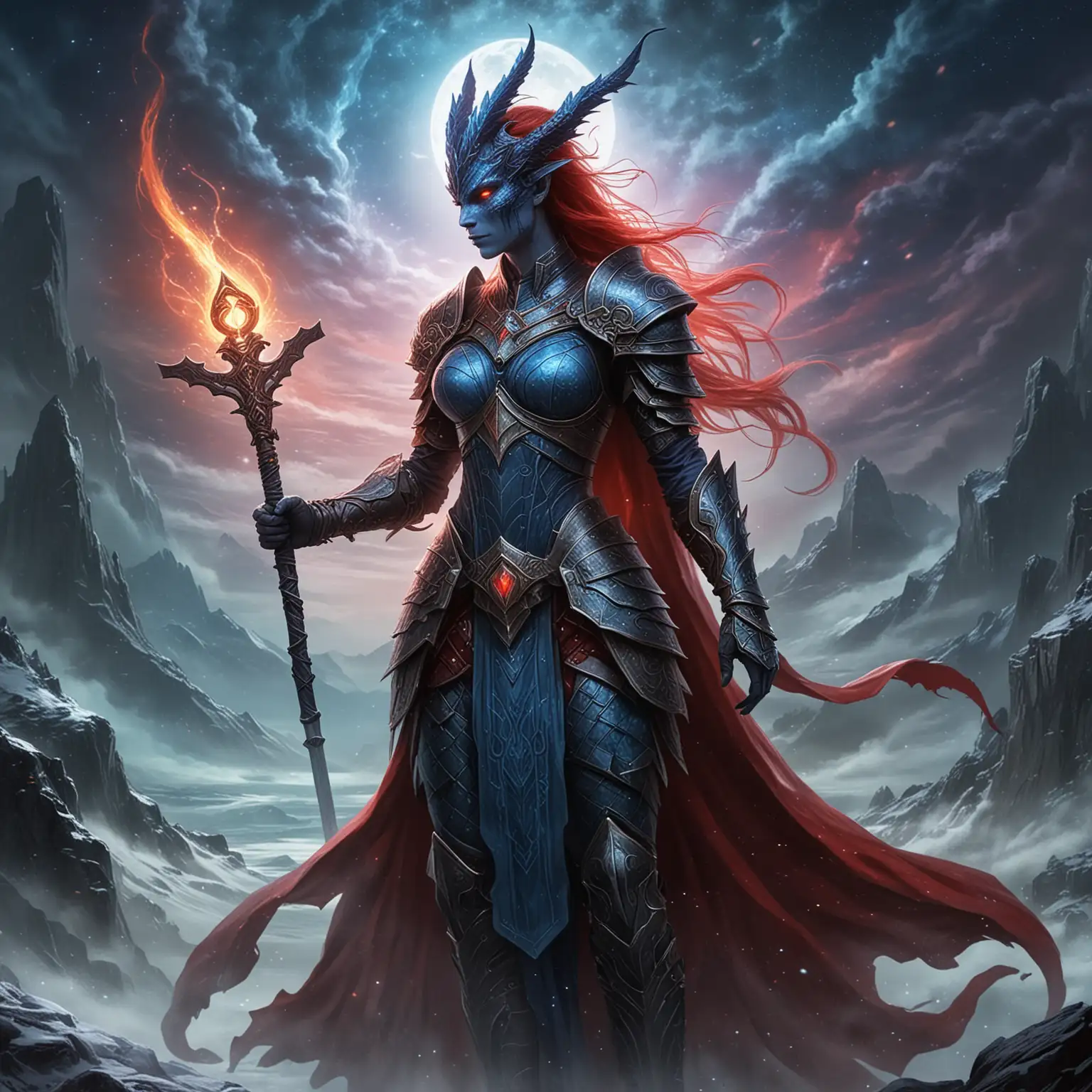 In a realm where the night sky is perpetually awash with the dance of blue and red auroras, a mysterious figure emerges as the guardian of the arcane. Clad in armor adorned with esoteric runes, the guardian wields a staff crowned by the visage of a dragon, a symbol of their unyielding power. With hair as fluid as the rivers of time, they stand vigilant against the encroaching shadows, their face a secret hidden from the world. Who is this enigmatic protector, and what ancient secrets do they keep within the folds of their dark mantle?

