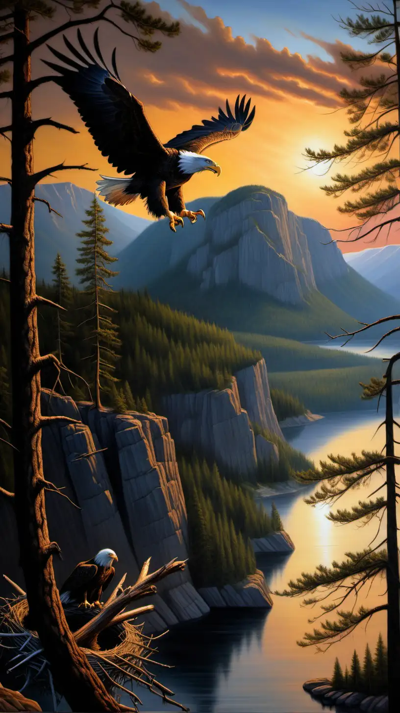  oil painting of one bald eagle flying off nest in tree, cliff , dark sunset, clear sky, no clouds with forest, mountains and lake in background