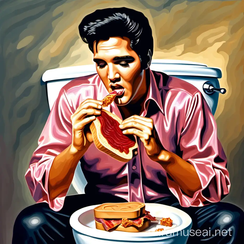 in the style of an oil painting, create an image of elvis Presley eating a peanut butter and jelly sandwich with bacon on it. Show him sitting on a toilet. 