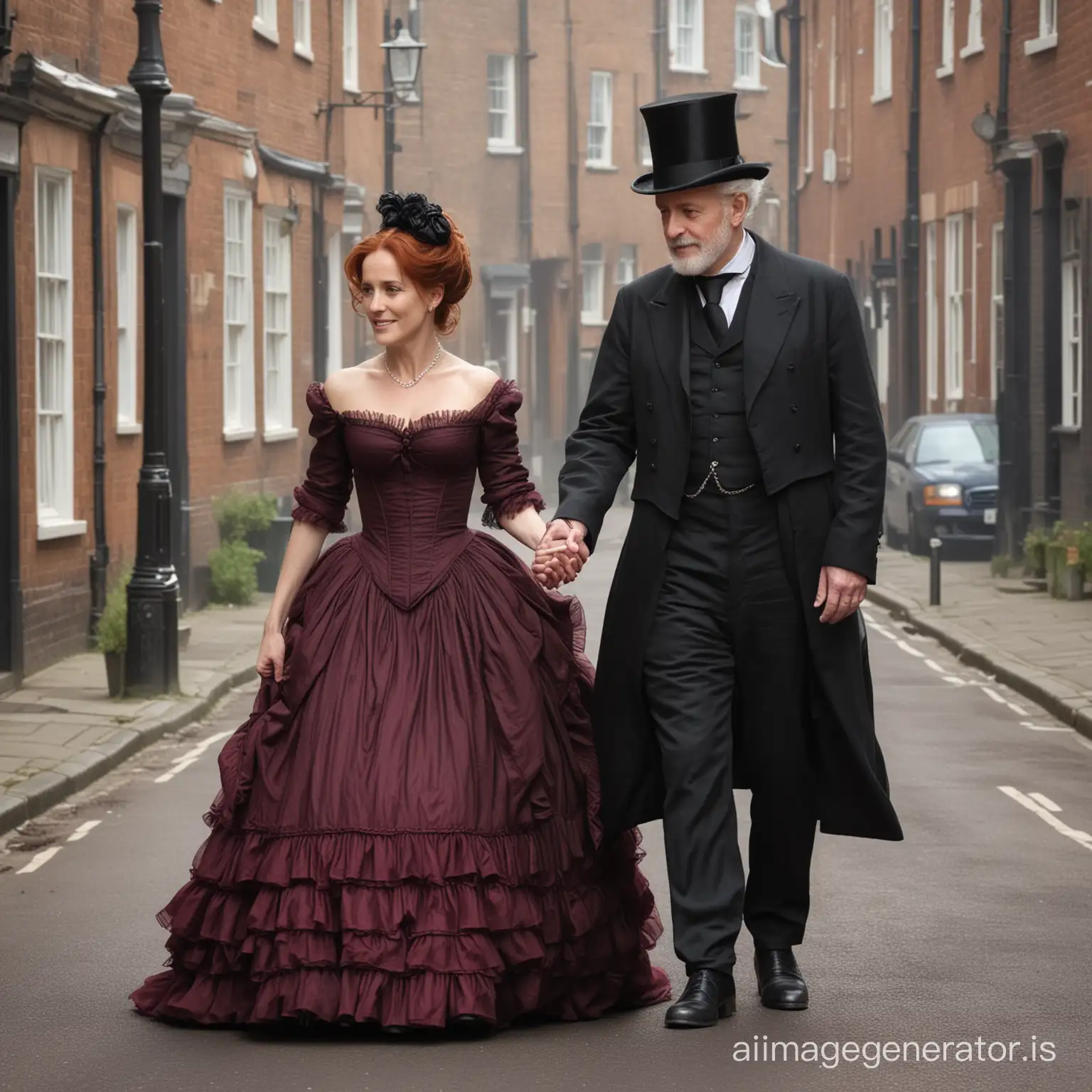 red hair Gillian Anderson wearing a dark maroon floor-length loose billowing 1860 Victorian crinoline poofy dress with a frilly bonnet walking on Victorian era street with an old man dressed into a black Victorian suit who seems to be her newlywed husband