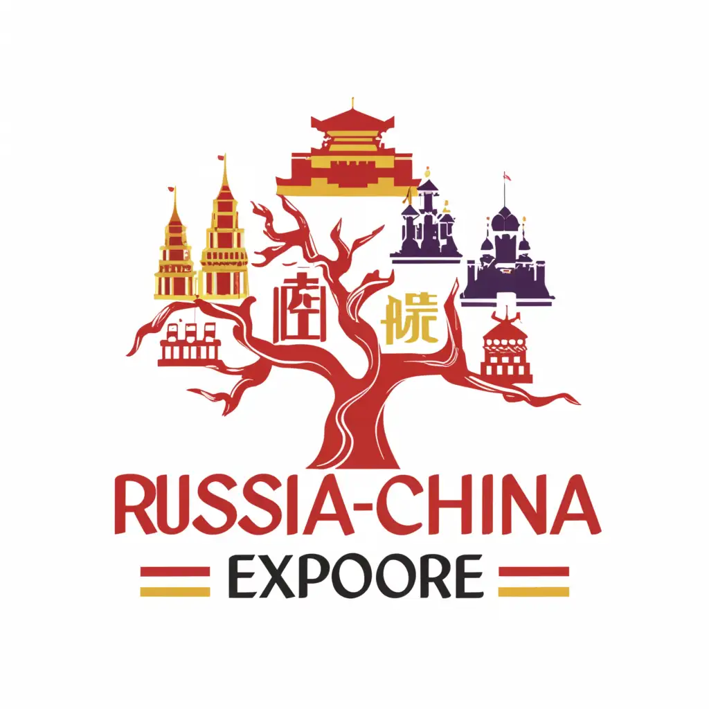 a logo design,with the text 'Russia-China Explore', main symbol: red color, green color, blue color, orange color, pink color, yellow color, tree, on the benches of the tree there are Great Wall of China, The Forbidden City,The Terracotta Army, The Temple of Heaven,Huangshan, The Potala Palace,the Bund, Pandas, The Shaolin Temple, Moderate, be used in Education industry, clear background