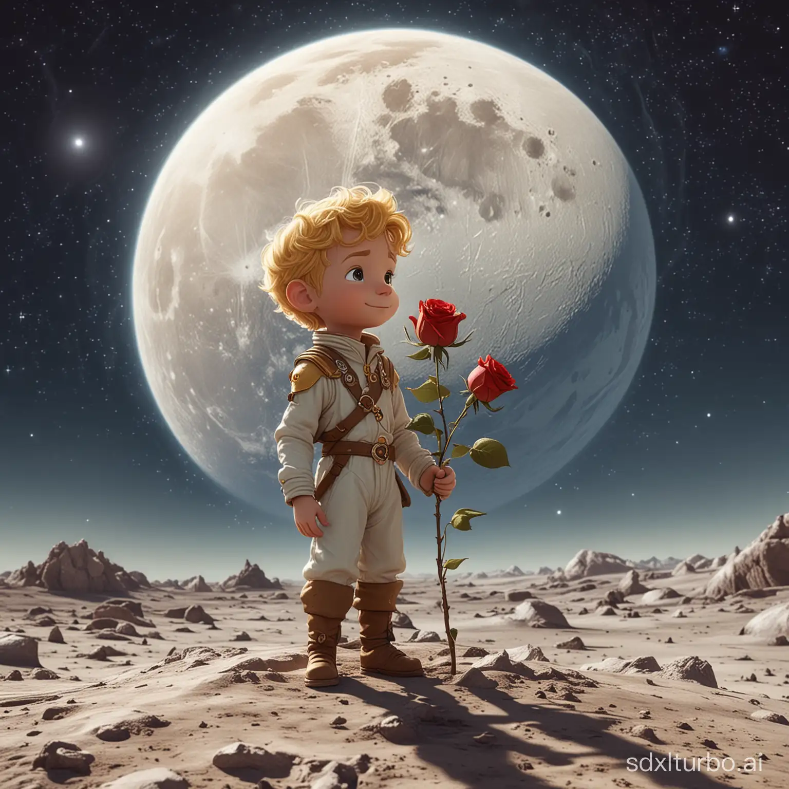 Cartoon-Little-Prince-and-Rose-on-Moon-with-Earth-in-Distance