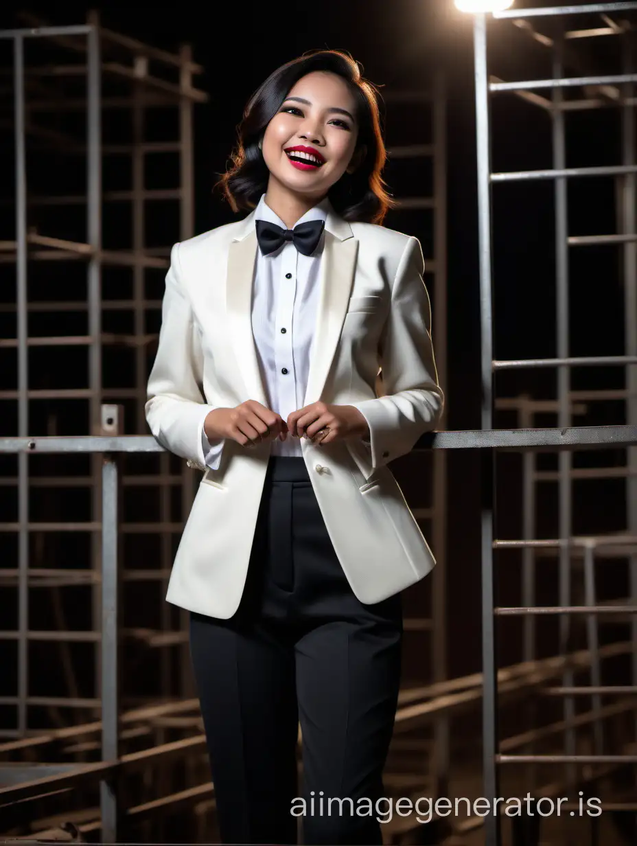 A stunning and cute and sophisticated and confident Indonesian woman with shoulder length hair and lipstick wearing an ivory tuxedo with a white shirt with cufflinks and a (black bow tie) and (black pants), standing on a scaffold facing forward, laughing and smiling. She is relaxed. It is night.