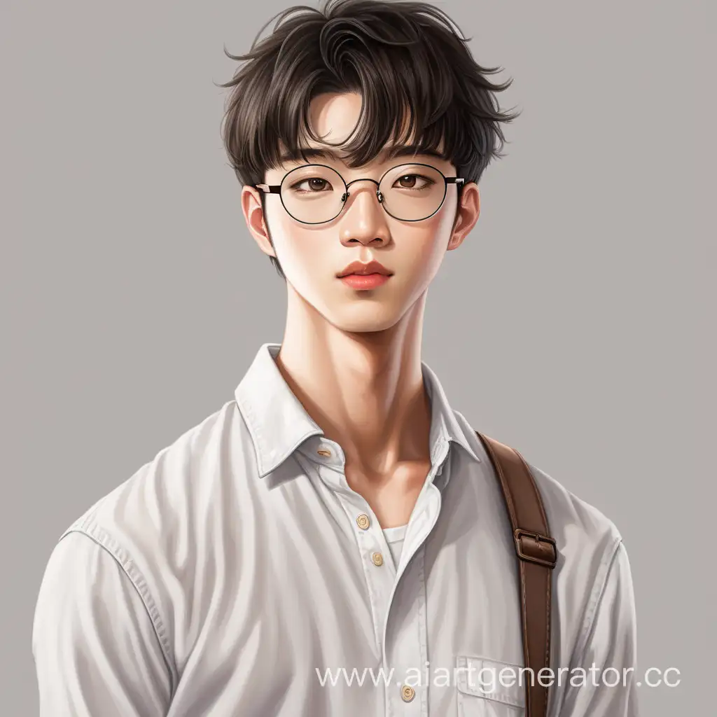 His name is Solly, he's about 24. he have an asian appearance. a guy of average height, with dark hair and pale skin. On the bridge of his nose there are always round glasses with thin frames, from under which dark brown eyes are visible. Sulli is wearing a white shirt and trousers, secured at the hips with a belt. he is always calm, almost without emotions