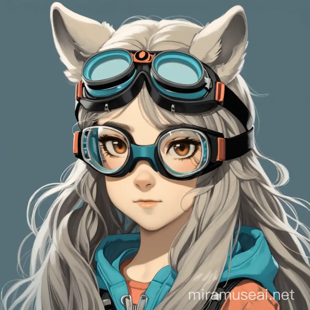 wolf girl, with long hair, wearing goggles like a headband