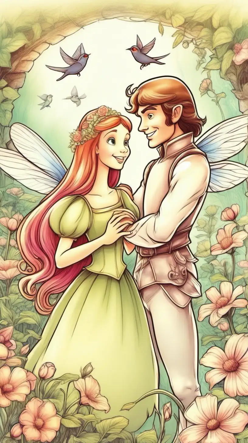 
Thumbelina
Thumbelina and the prince of the land of flowers look happy together

Swallows are visible in the background

Draw it in a fairy tale soft style