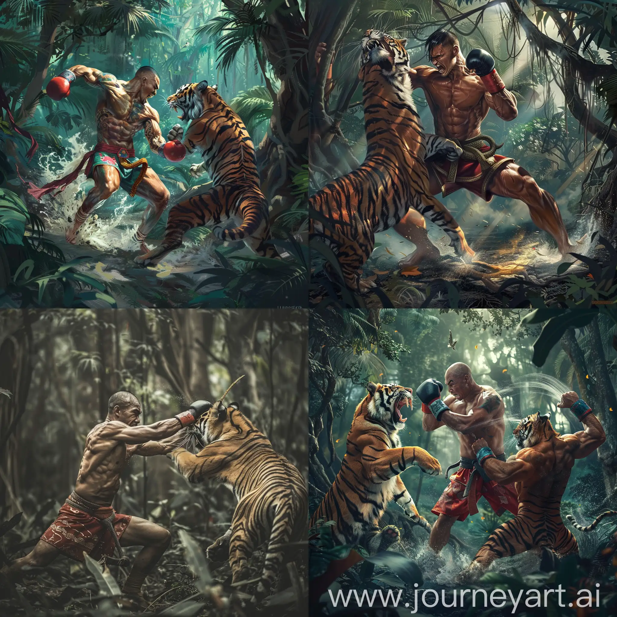 Muay Thai fighter in jungle fighting a tiger