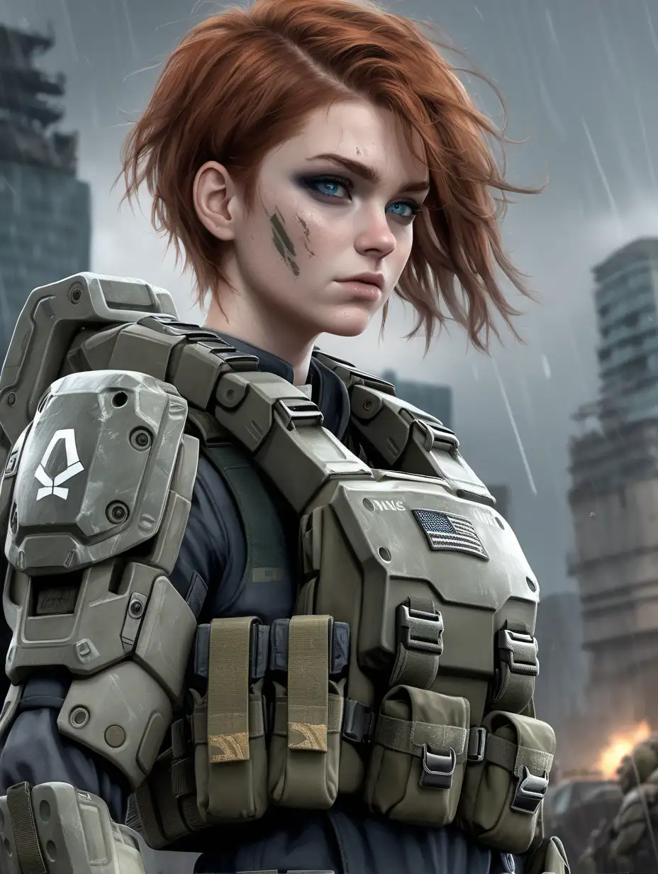 Setting is Halo. Young muscular Norwegian UNSC Marine woman. She has auburn hair. She has an extremely short tomboy hairstyle. She has faded black eyeshadow. She has faded black lipstick. She has pale skin. Background scene is a war torn city in a torrential rainstorm. She is wearing UNSC marine armor from Halo. Her armor is drab olive colored. Her chest plate carrier has a lot of pouches and grenades. Her combat fatigues are space black colored. She has Nordic blue colored eyes.